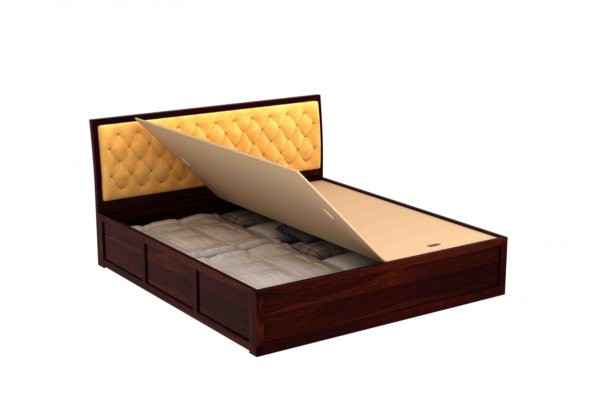 Aria Cushioned Yellow Sheesham Wood Bed With Box Storage