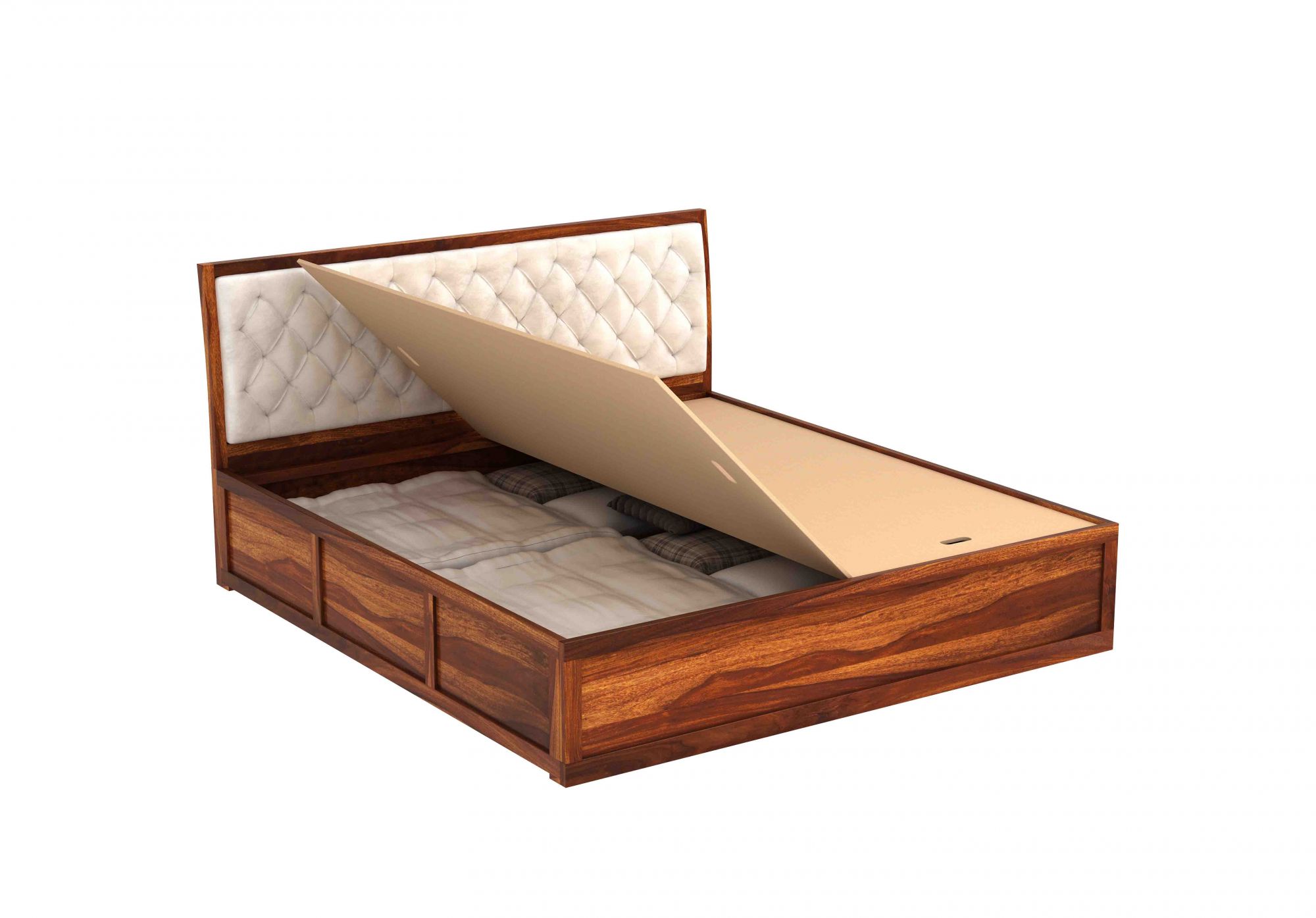 Aria Cushioned Cream Sheesham Wood Bed With Box Storage
