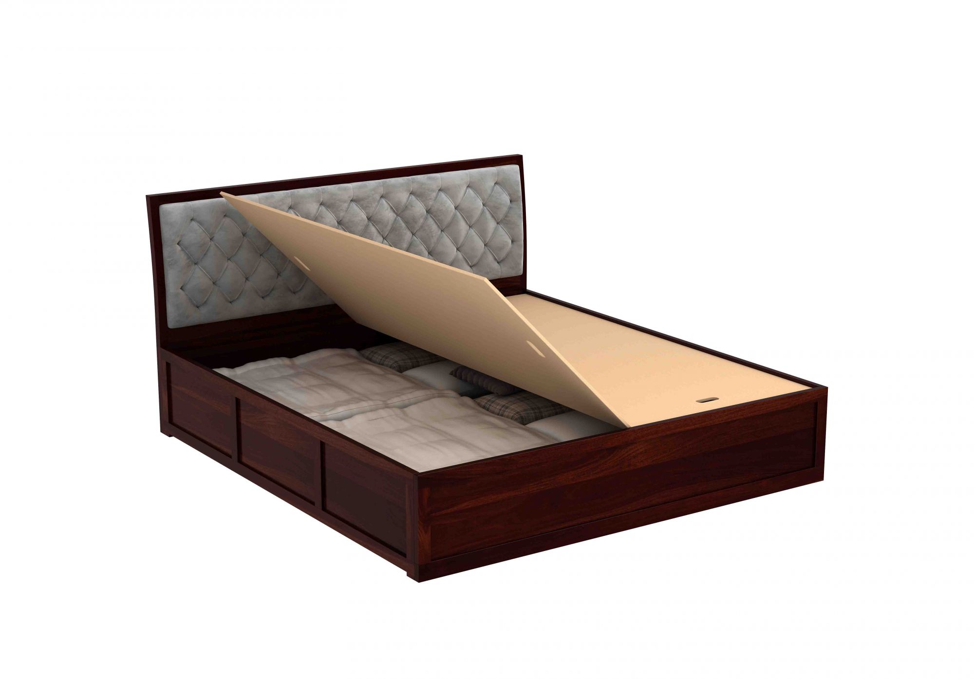 Aria Cushioned Grey Sheesham Wood Bed With Box Storage
