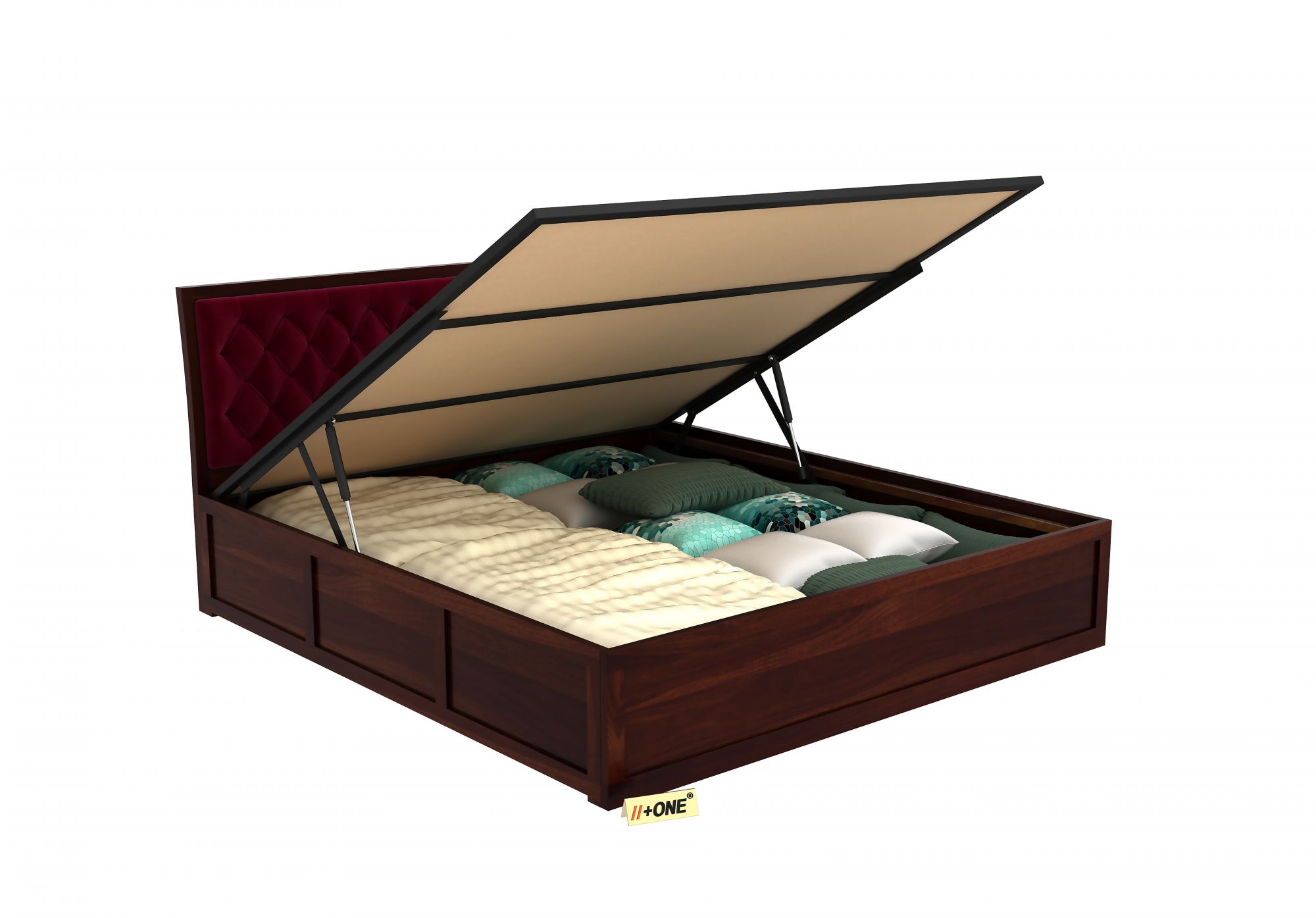 Aria Cushioned Pomegranate Bed With Hydraulic Storage King Size Teak Finish