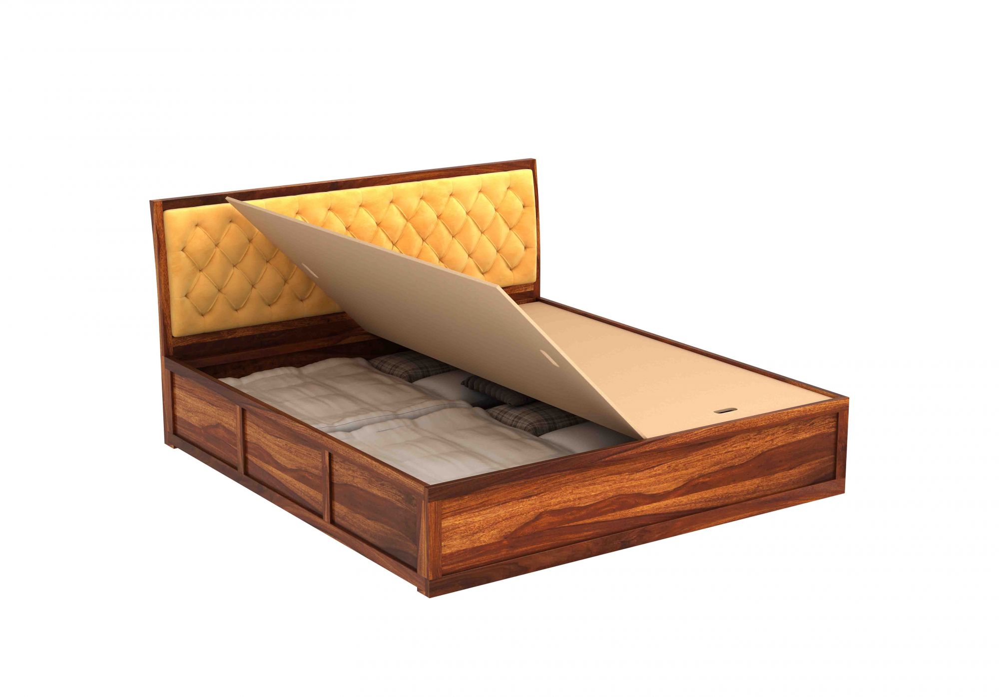 Aria Cushioned Yellow Sheesham Wood Bed With Box Storage