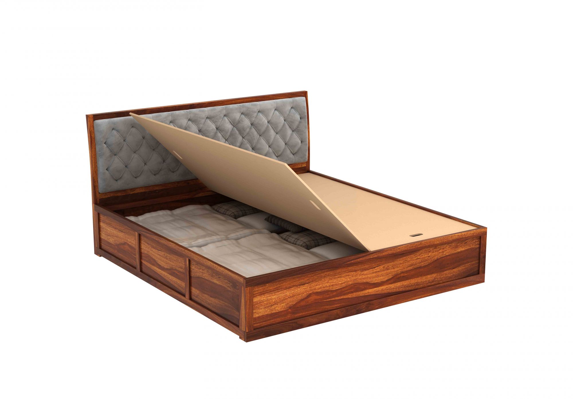 Aria Cushioned Grey Sheesham Wood Bed With Box Storage