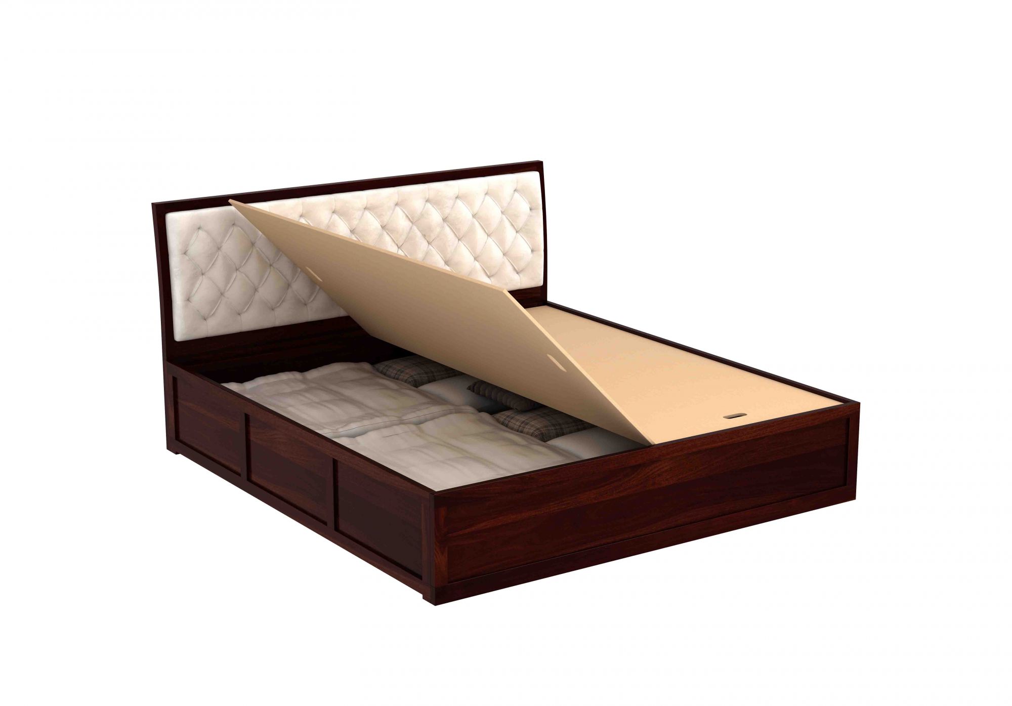 Aria Cushioned Cream Sheesham Wood Bed With Box Storage