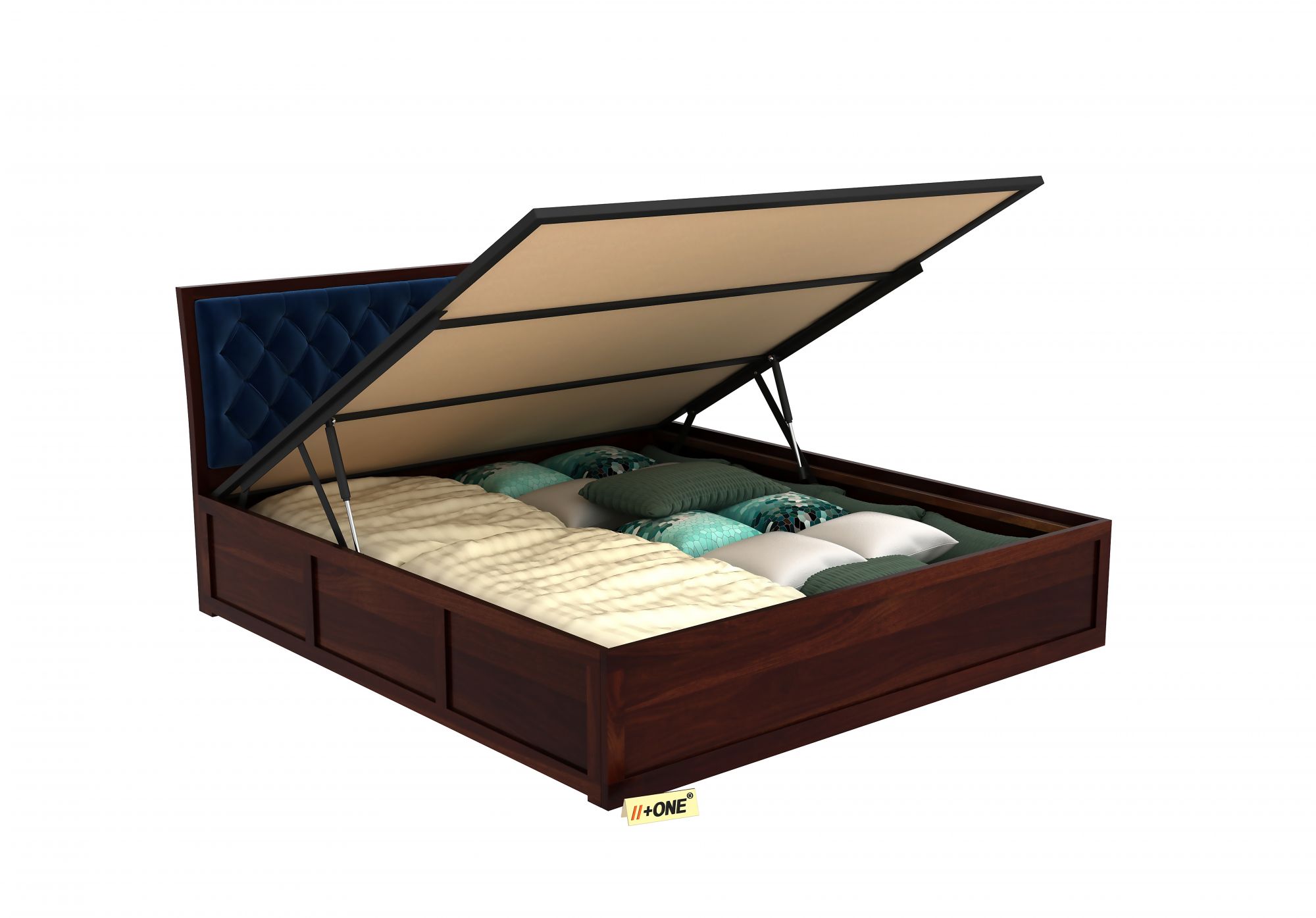 Aria Cushioned Indigo Blue Bed With Hydraulic Storage