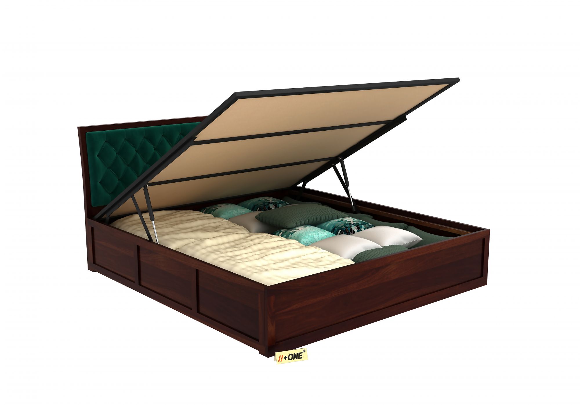 Aria Cushioned Emerald Green Bed With Hydraulic Storage
