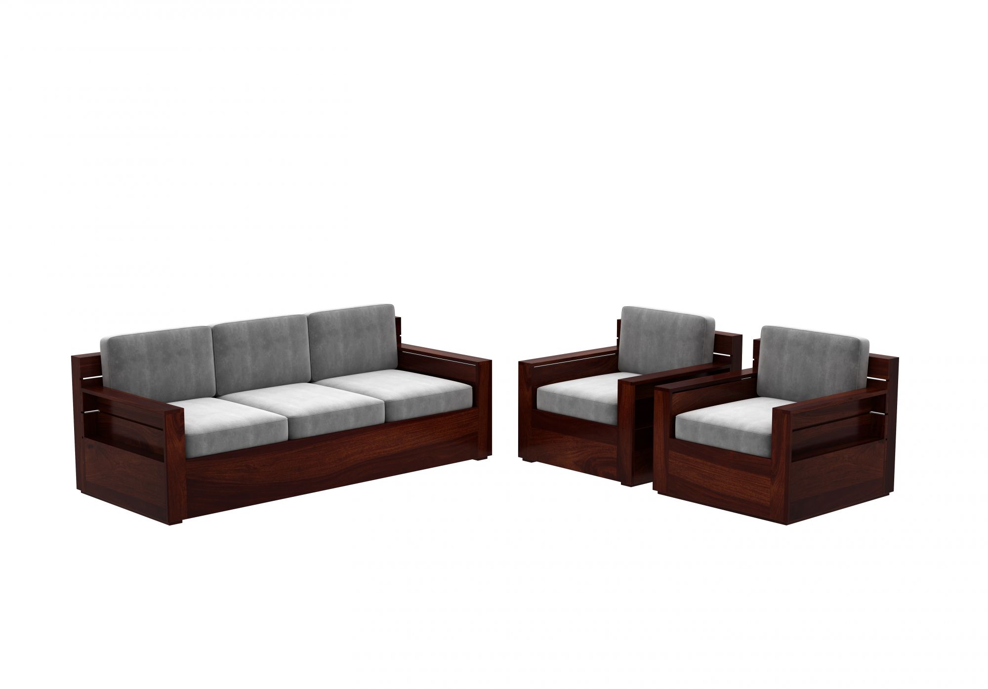 Buy Nelson Grey Seater Wooden Sofa Set (Walnut Finish) Online in