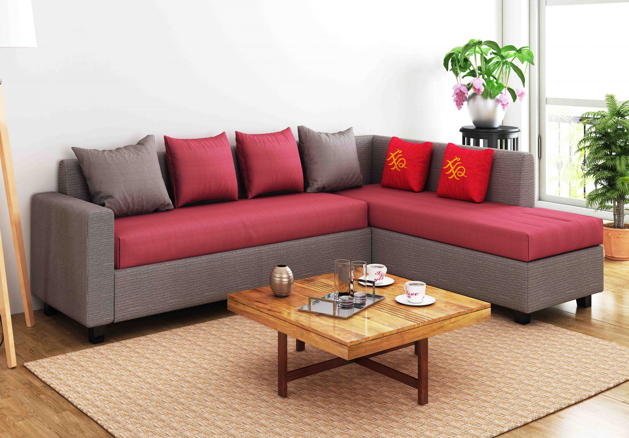 Kodiak pink and grey 5 seater L Shape Sofa Set
