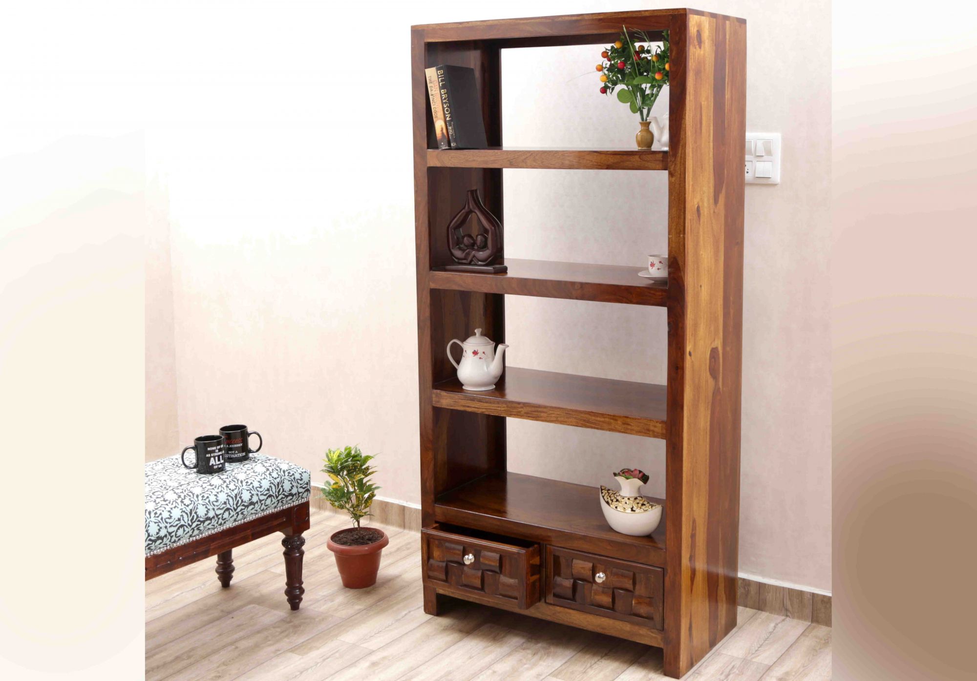 Ailuk Sheesham Wooden Book Shelf Teak finish