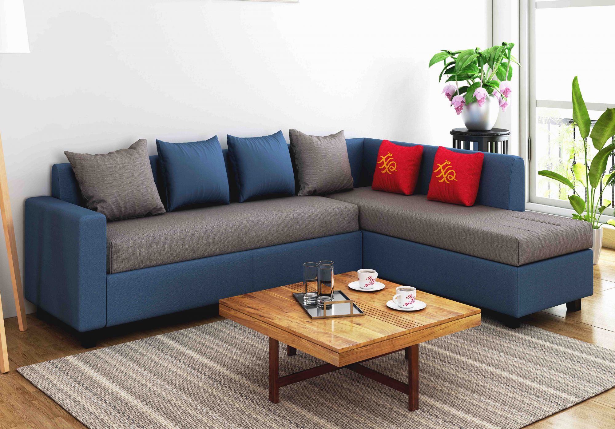 Kodiak Blue and Grey L Shape 5 Seater Sofa Set