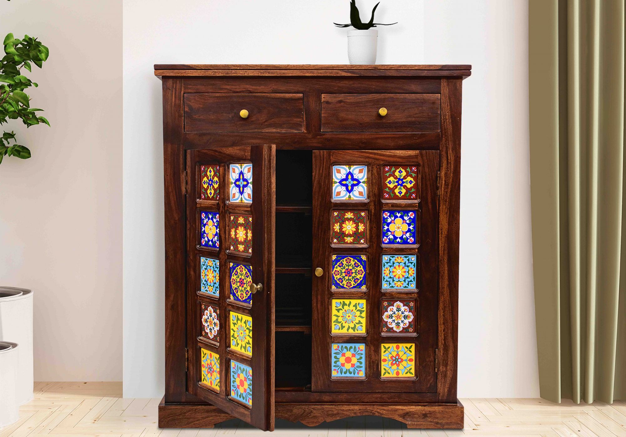 Milos Solid Wood Shoe Cabinet Teak finish