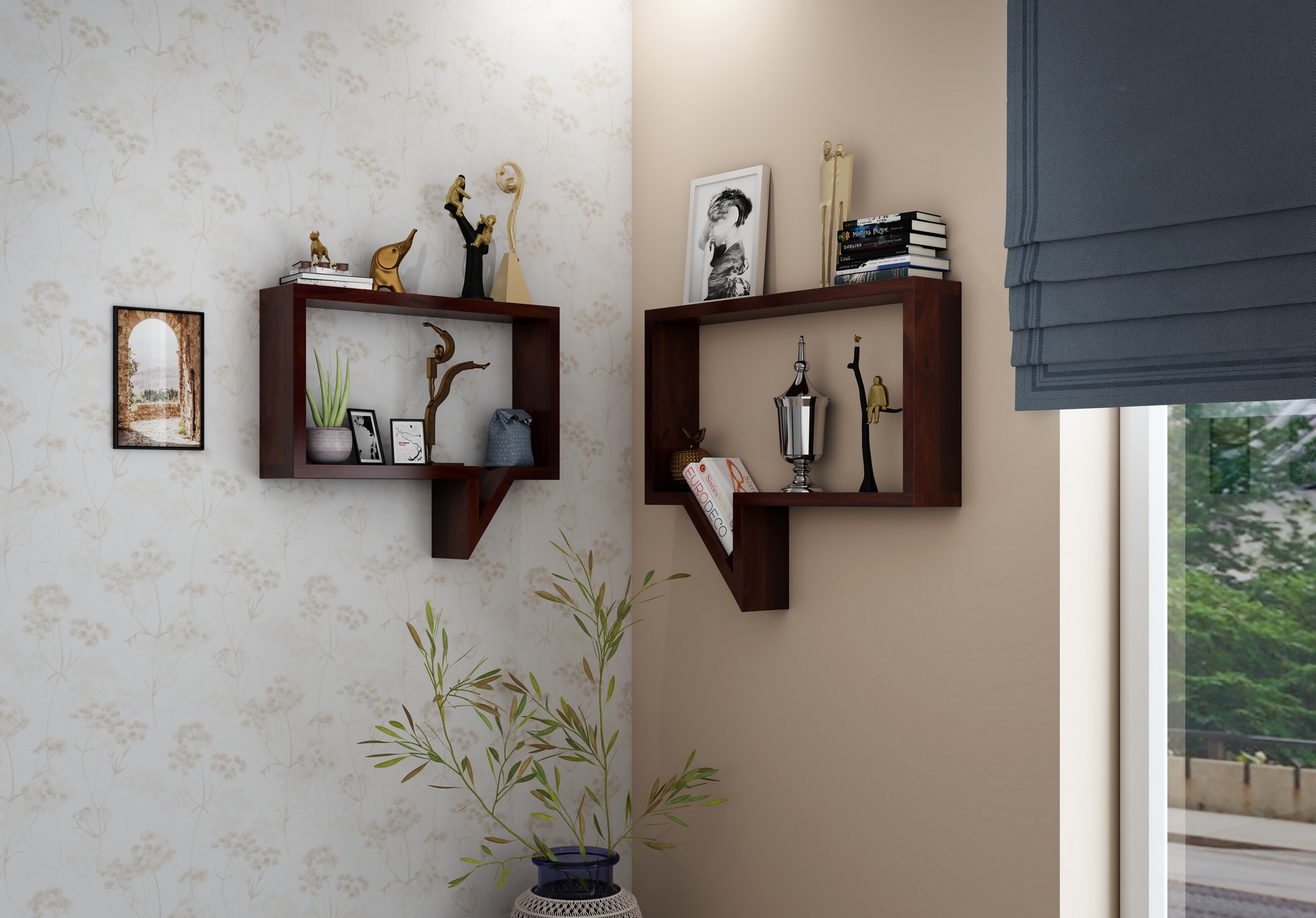 Fogn Sheesham Wood Wall Shelves Walnut finish