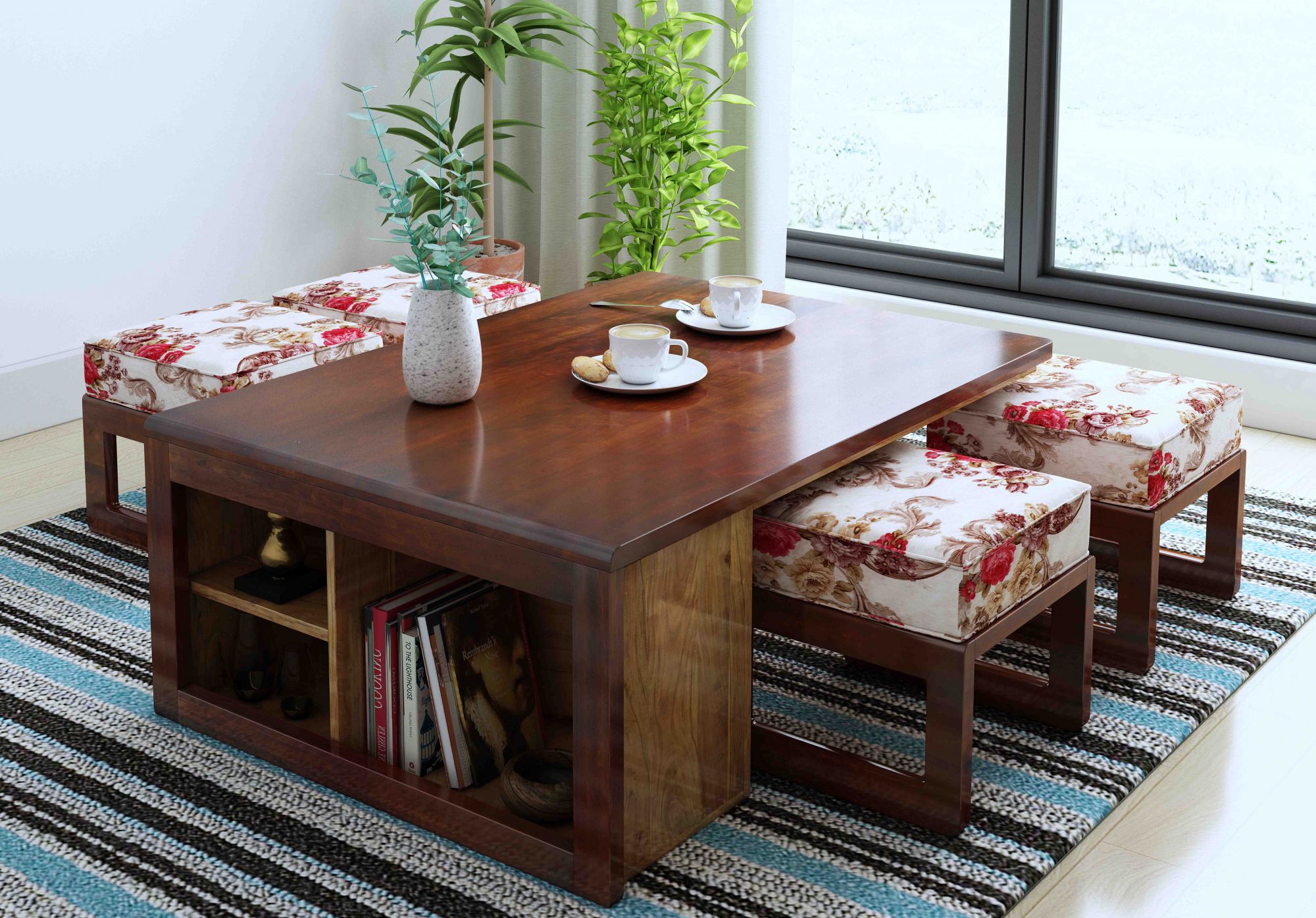 Jura White Floral Sheesham Wood 4 Seater Coffee Table