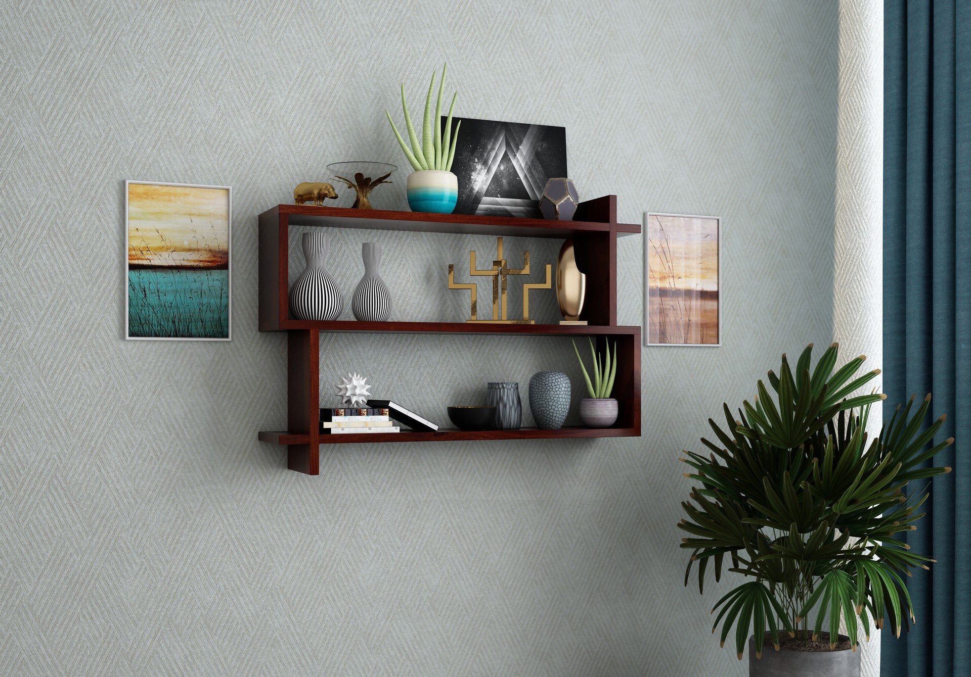 Floating Sheesham Wood Wall Shelves Walnut finish