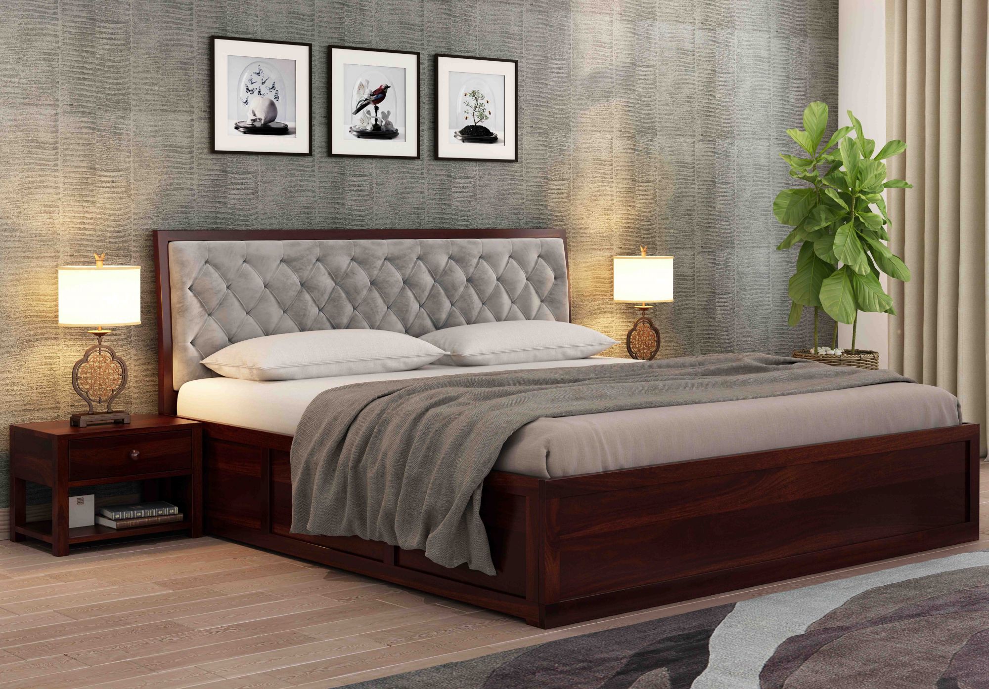 Aria Cushioned Grey Sheesham Wood Bed With Box Storage