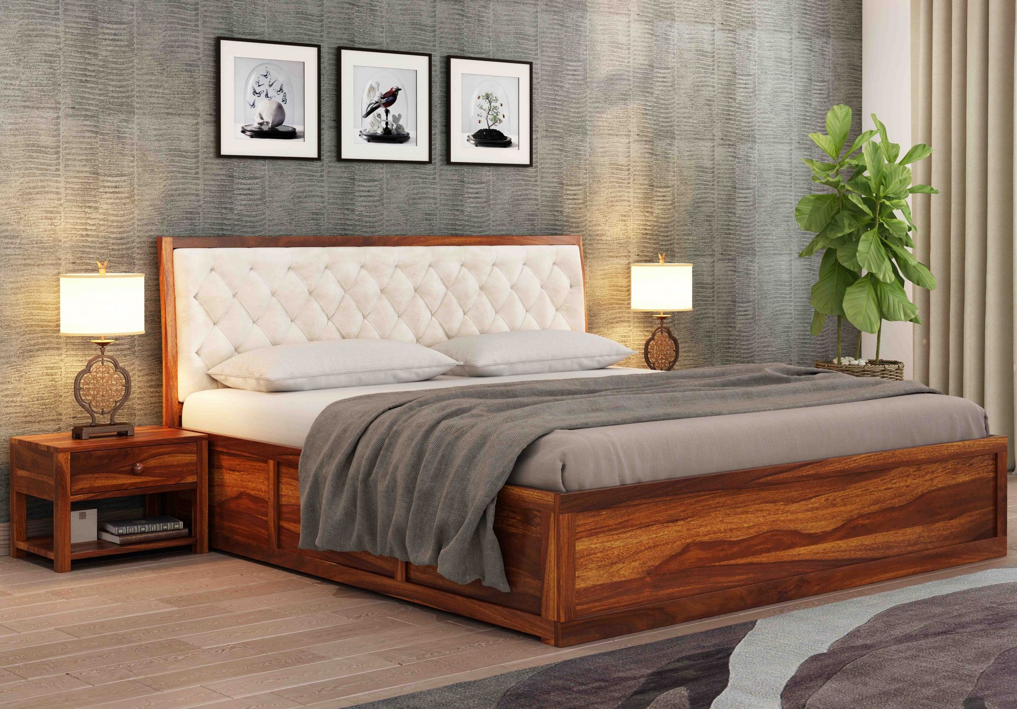 Aria Cushioned Cream Sheesham Wood Bed With Box Storage