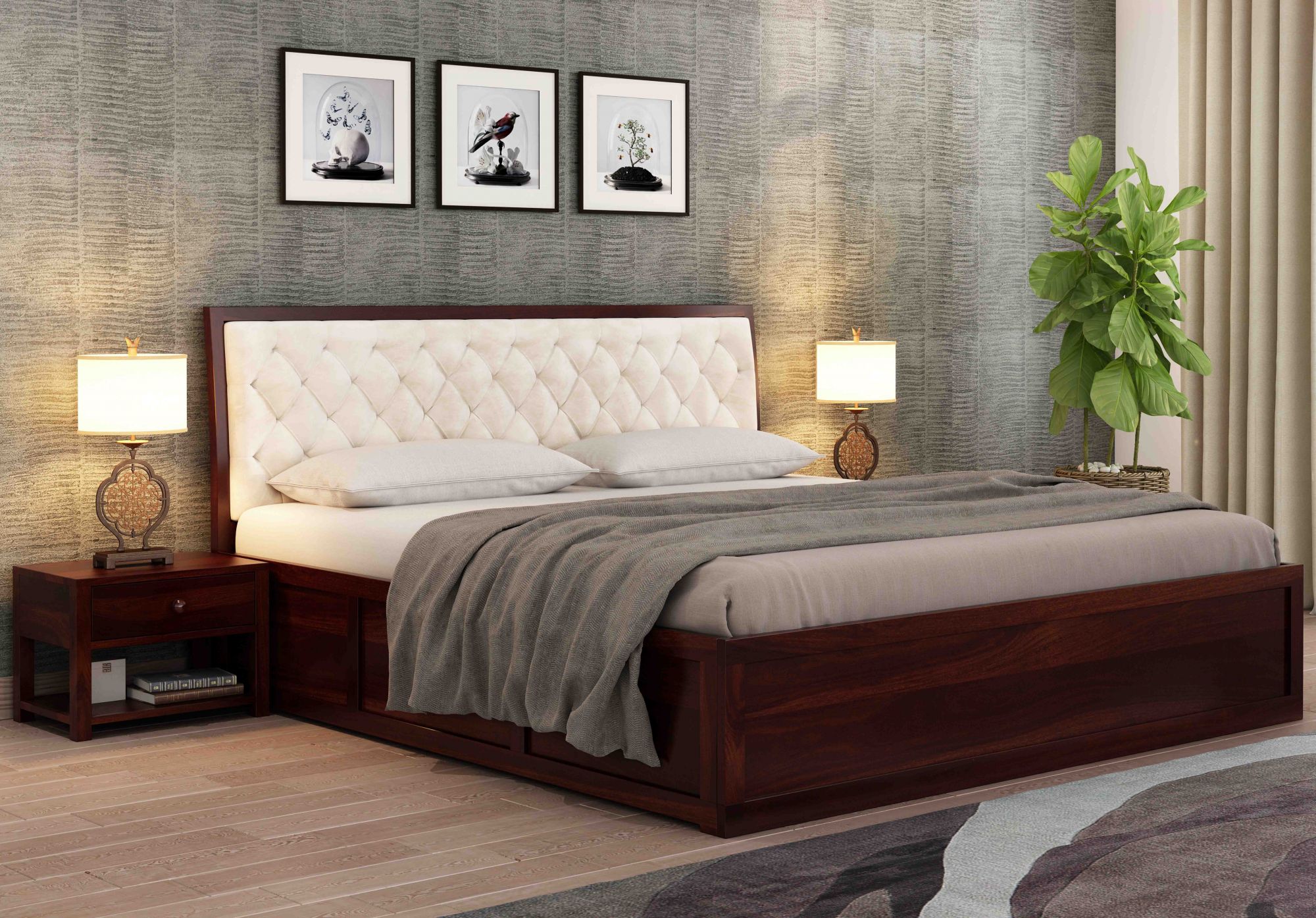 Aria Cushioned Cream Sheesham Wood Bed With Box Storage