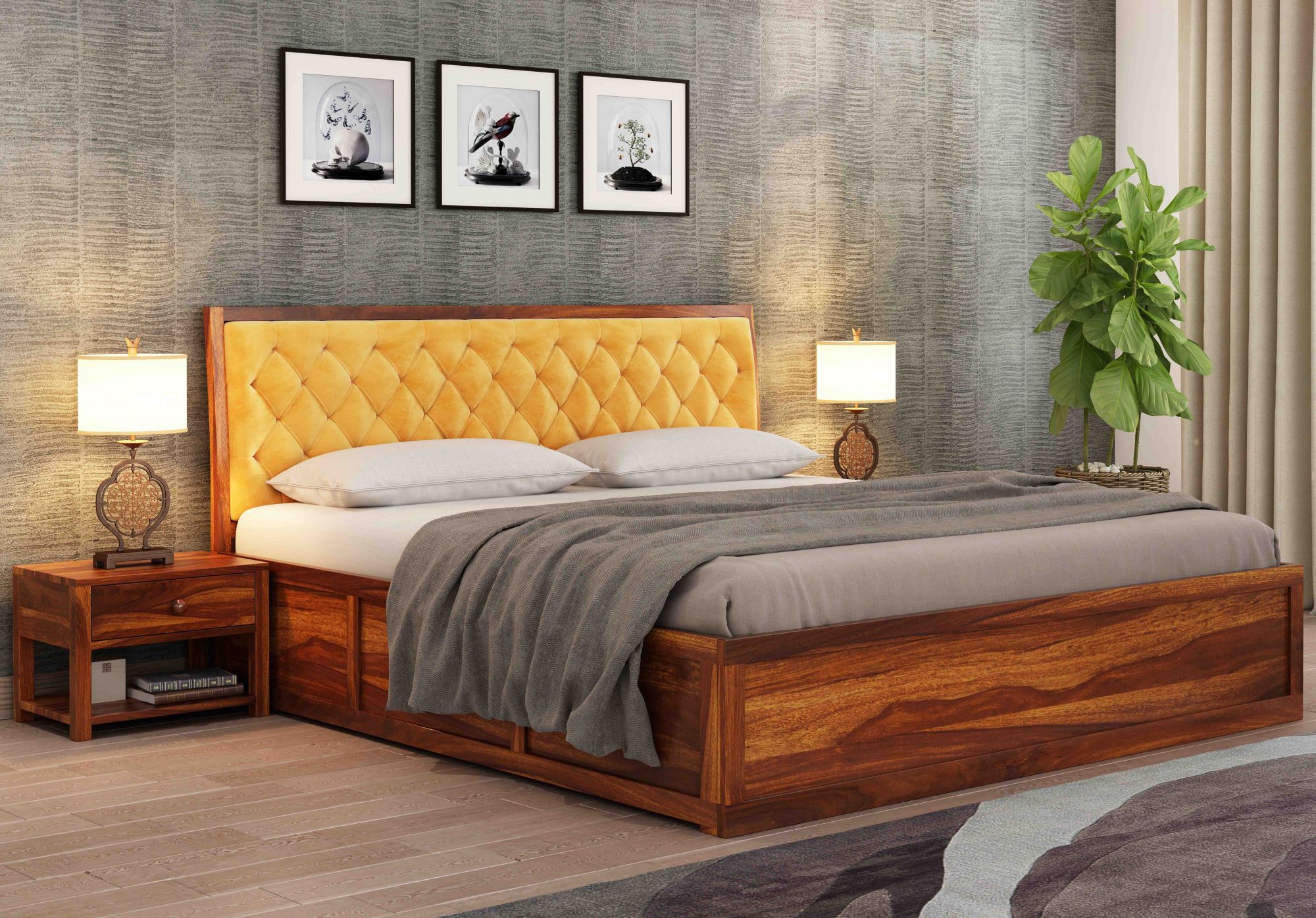 Aria Cushioned Yellow Sheesham Wood Bed With Box Storage