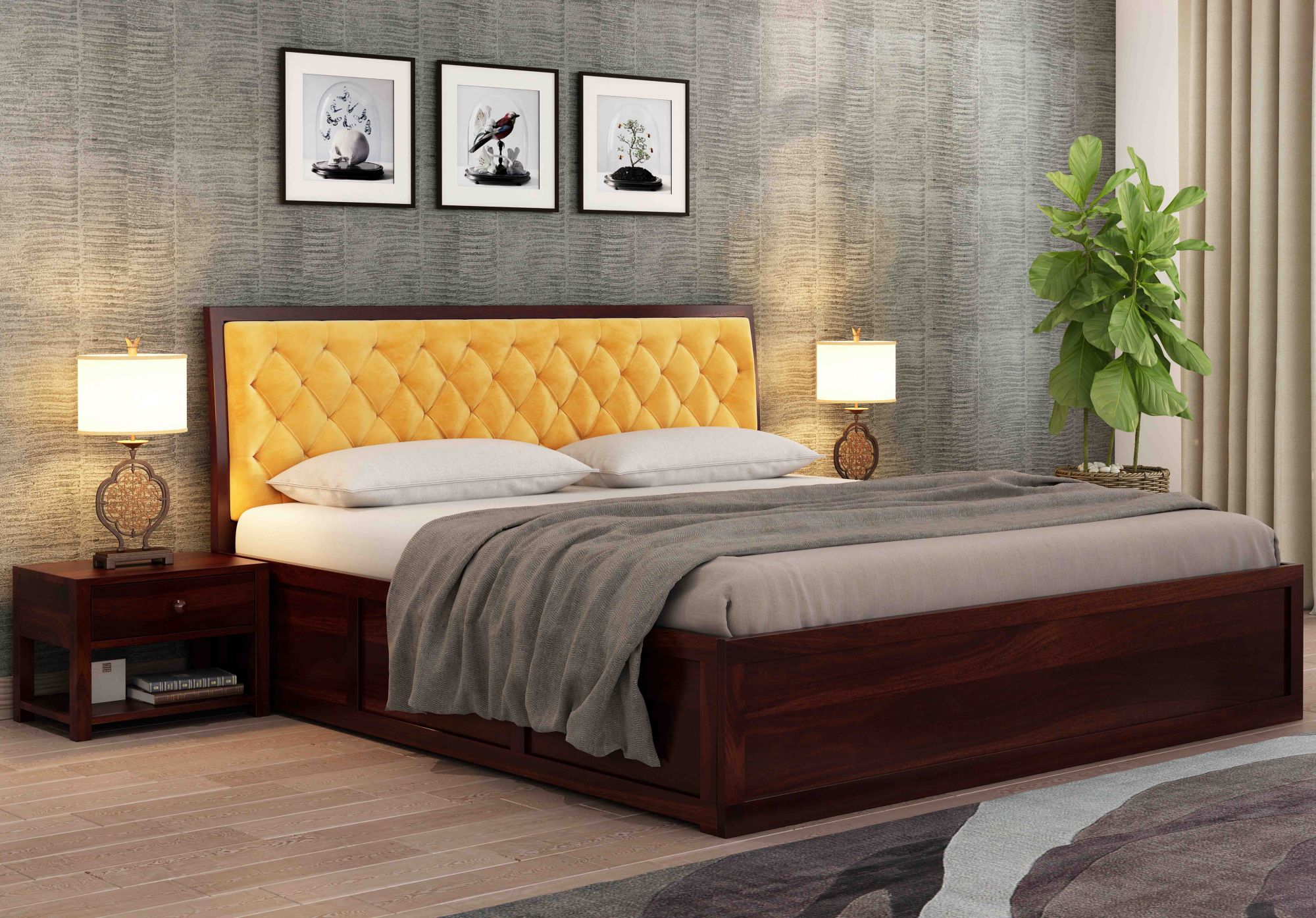 Aria Cushioned Yellow Sheesham Wood Bed With Box Storage