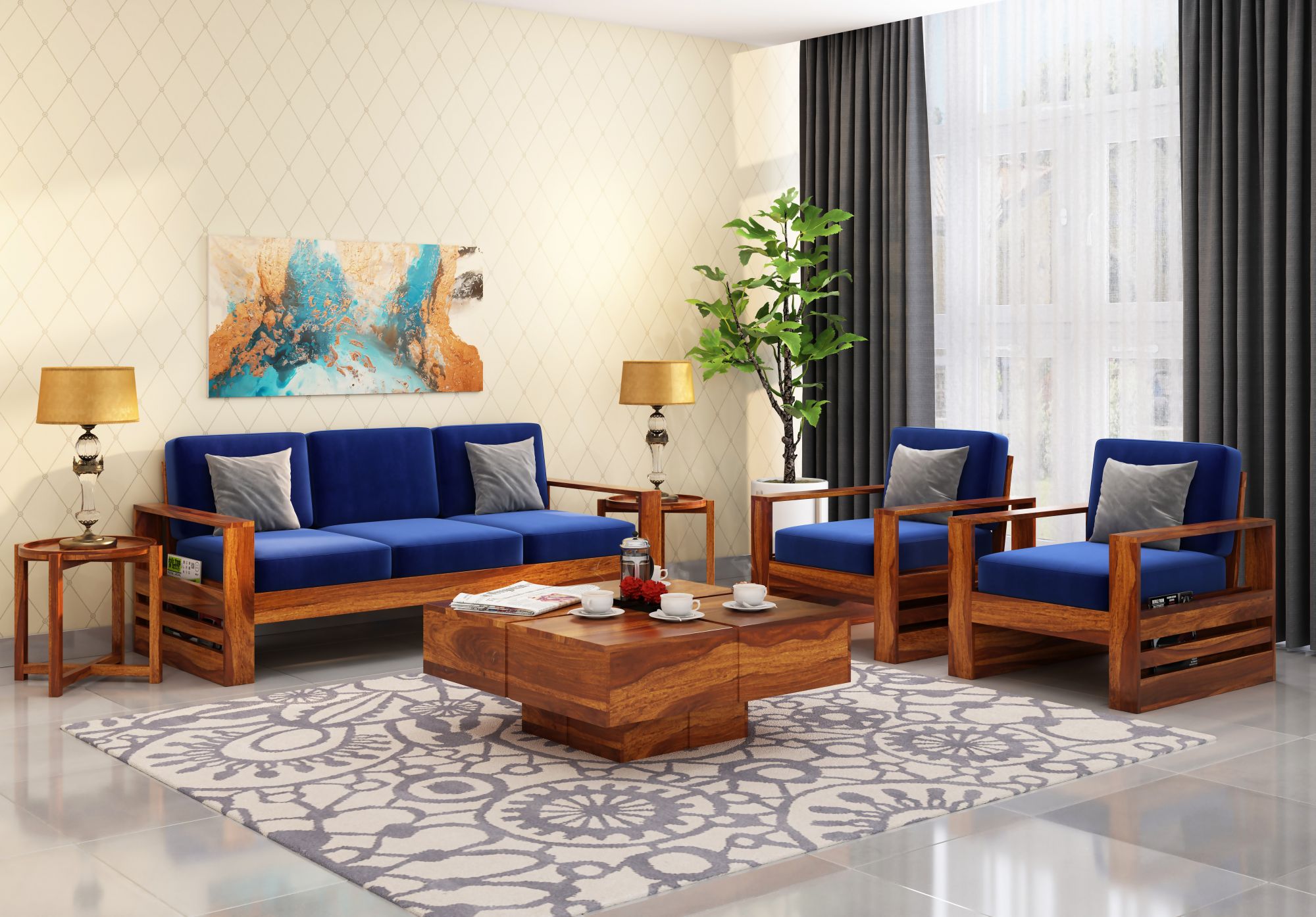Picton Blue Wooden Sofa Set 5 Seater