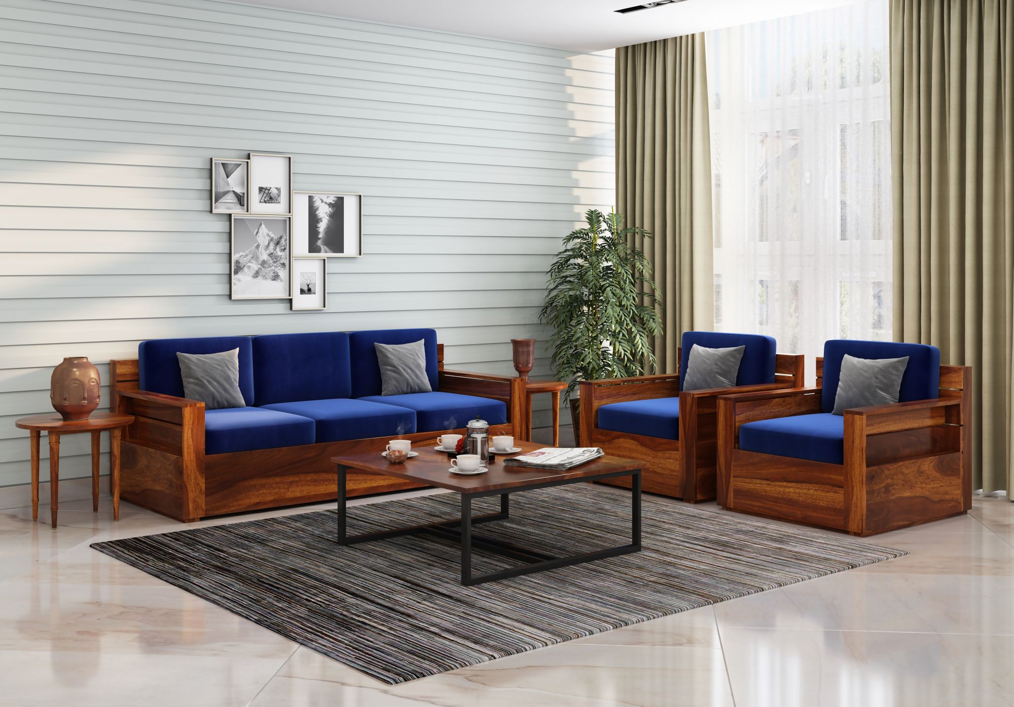 Nelson Blue 5 Seater Wooden Sofa Set