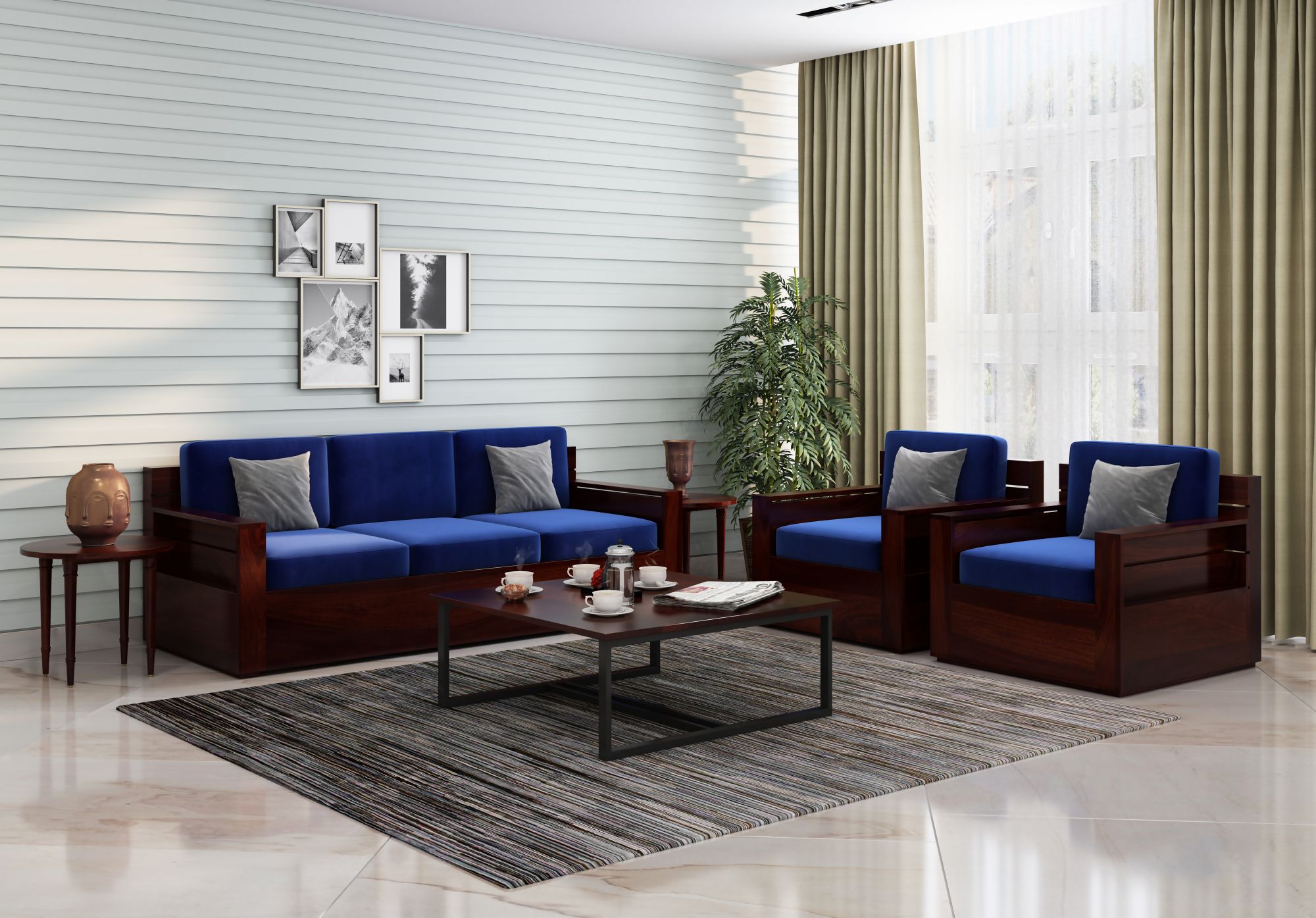 Nelson Blue 5 Seater Wooden Sofa Set