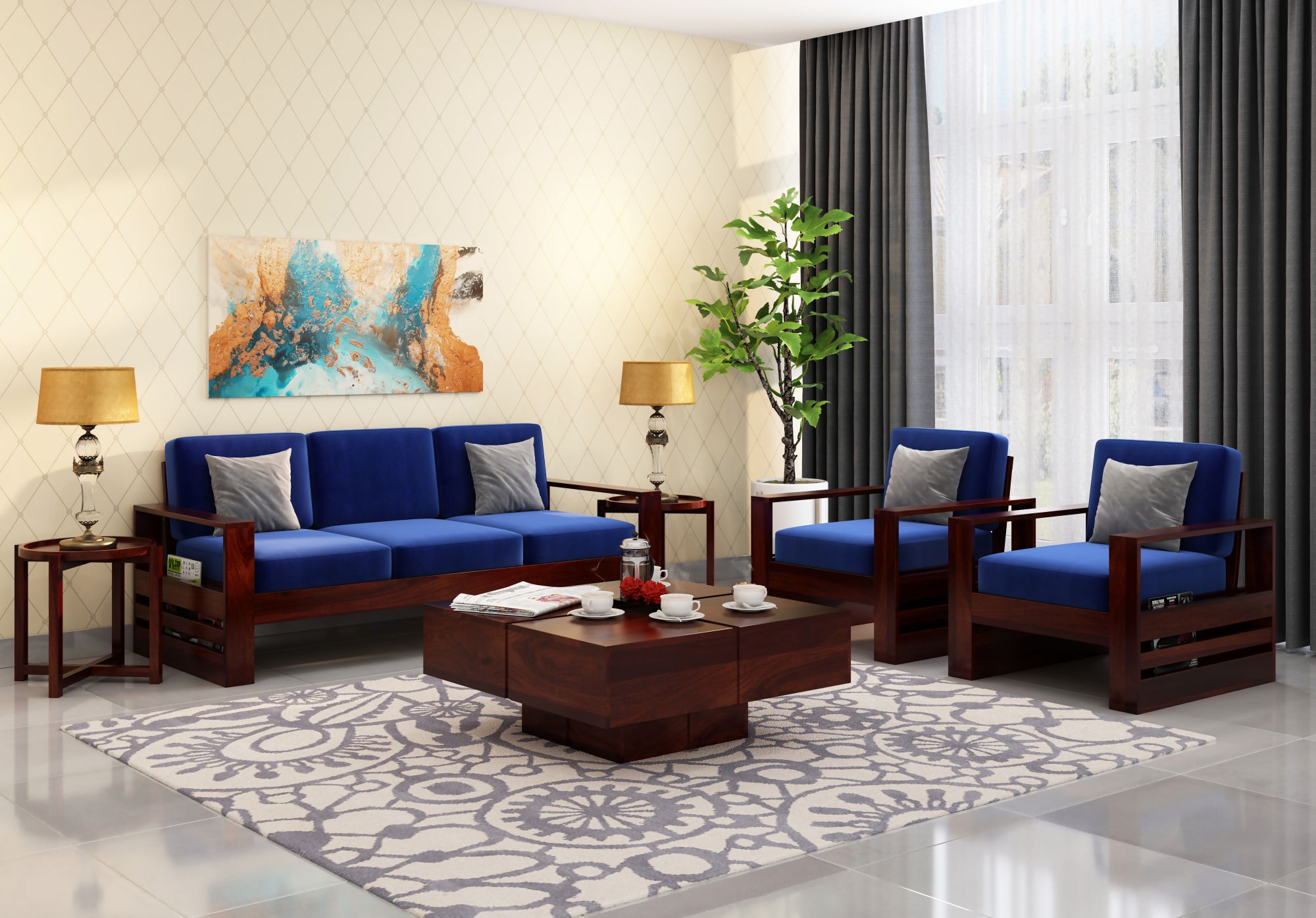 Picton Blue Wooden Sofa Set 5 Seater