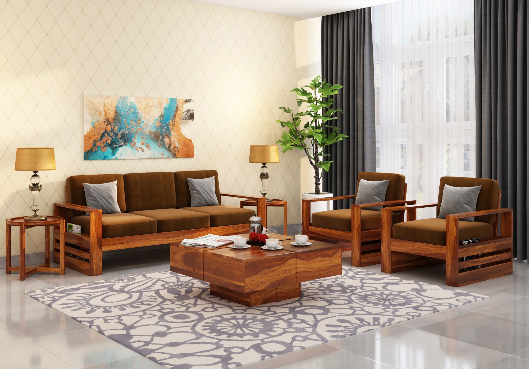 Picton Brown Wooden Sofa Set 5 Seater