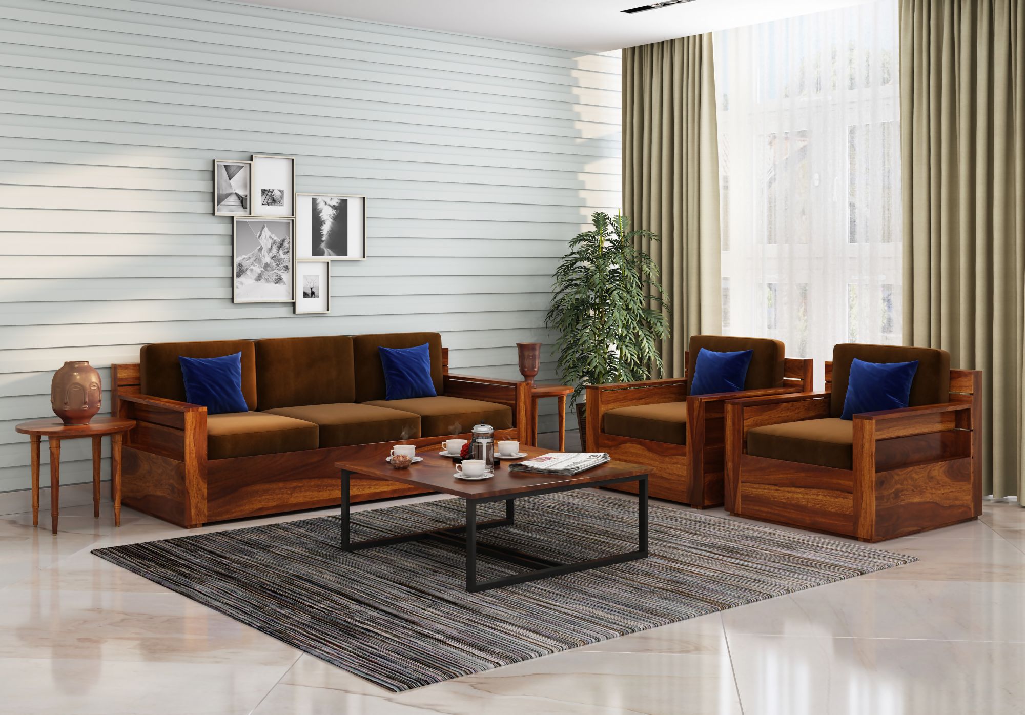 Nelson Brown 5 Seater Wooden Sofa Set