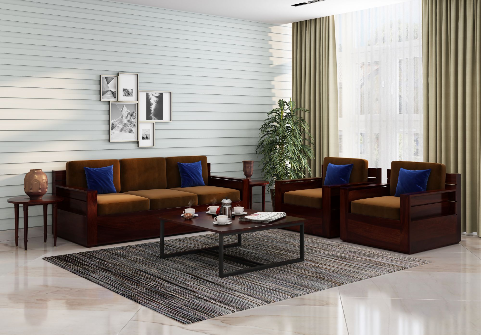 Nelson Brown 5 Seater Wooden Sofa Set