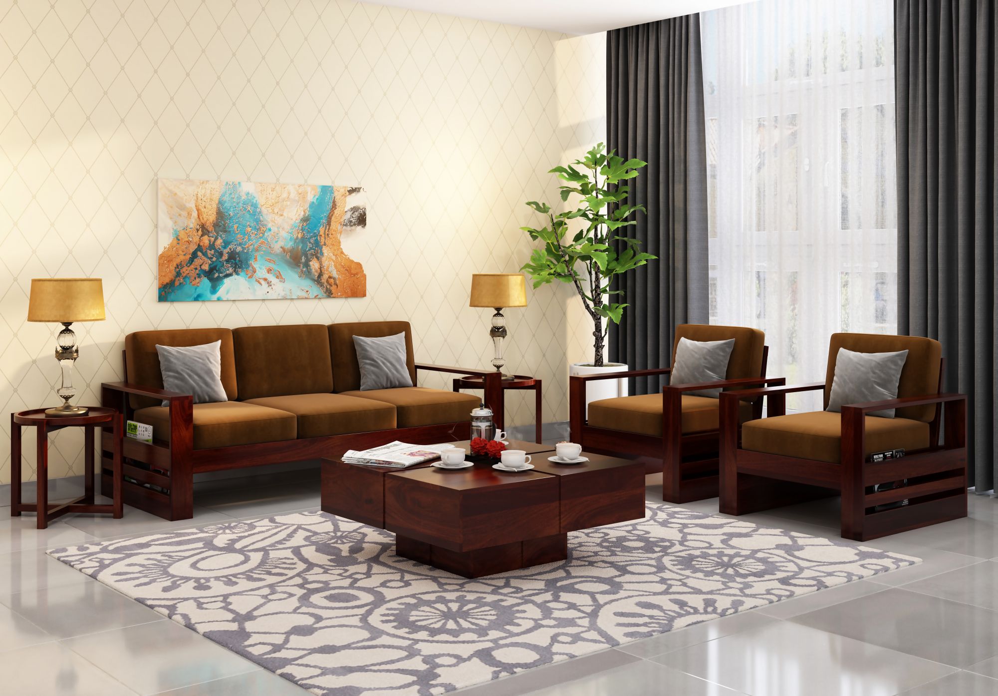 Picton Brown Wooden Sofa Set 5 Seater