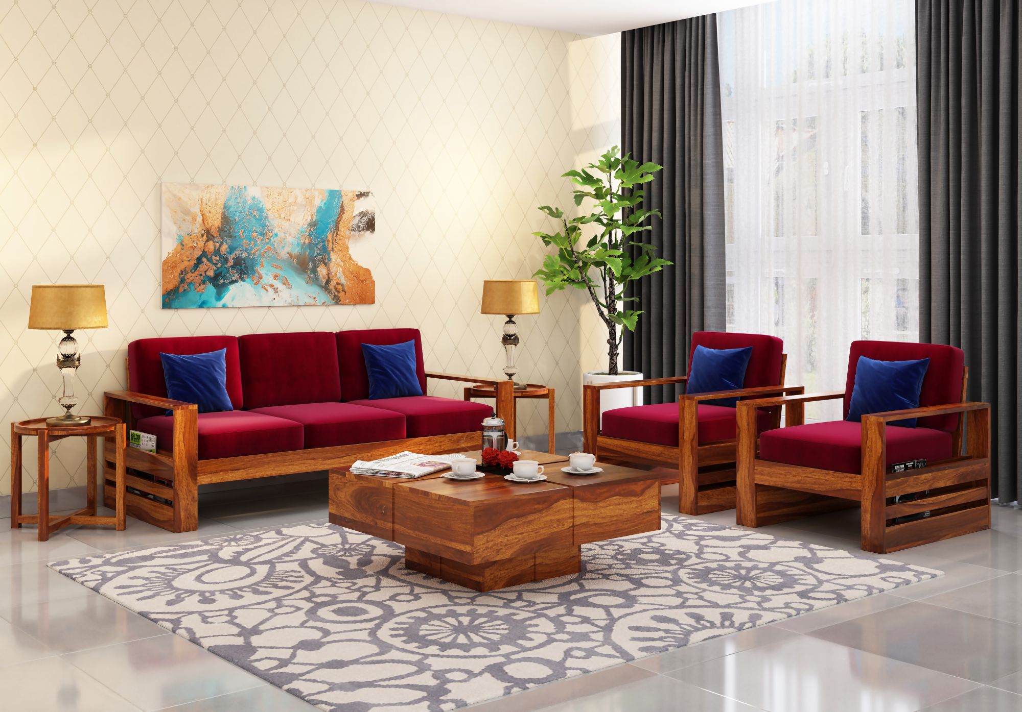 Picton Burgandy Wooden Sofa Set 5 Seater