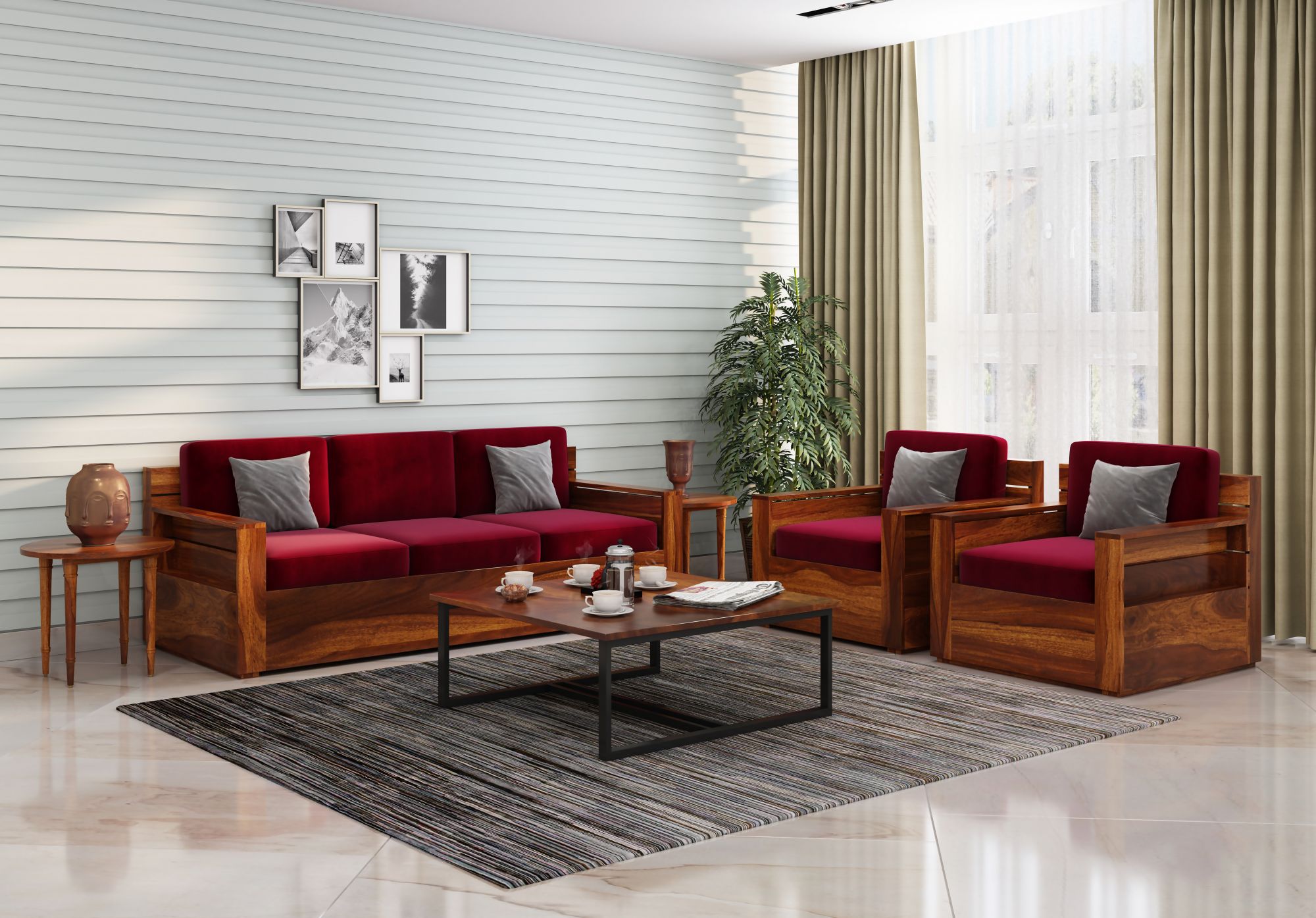 Nelson Burgandy 5 Seater Wooden Sofa Set