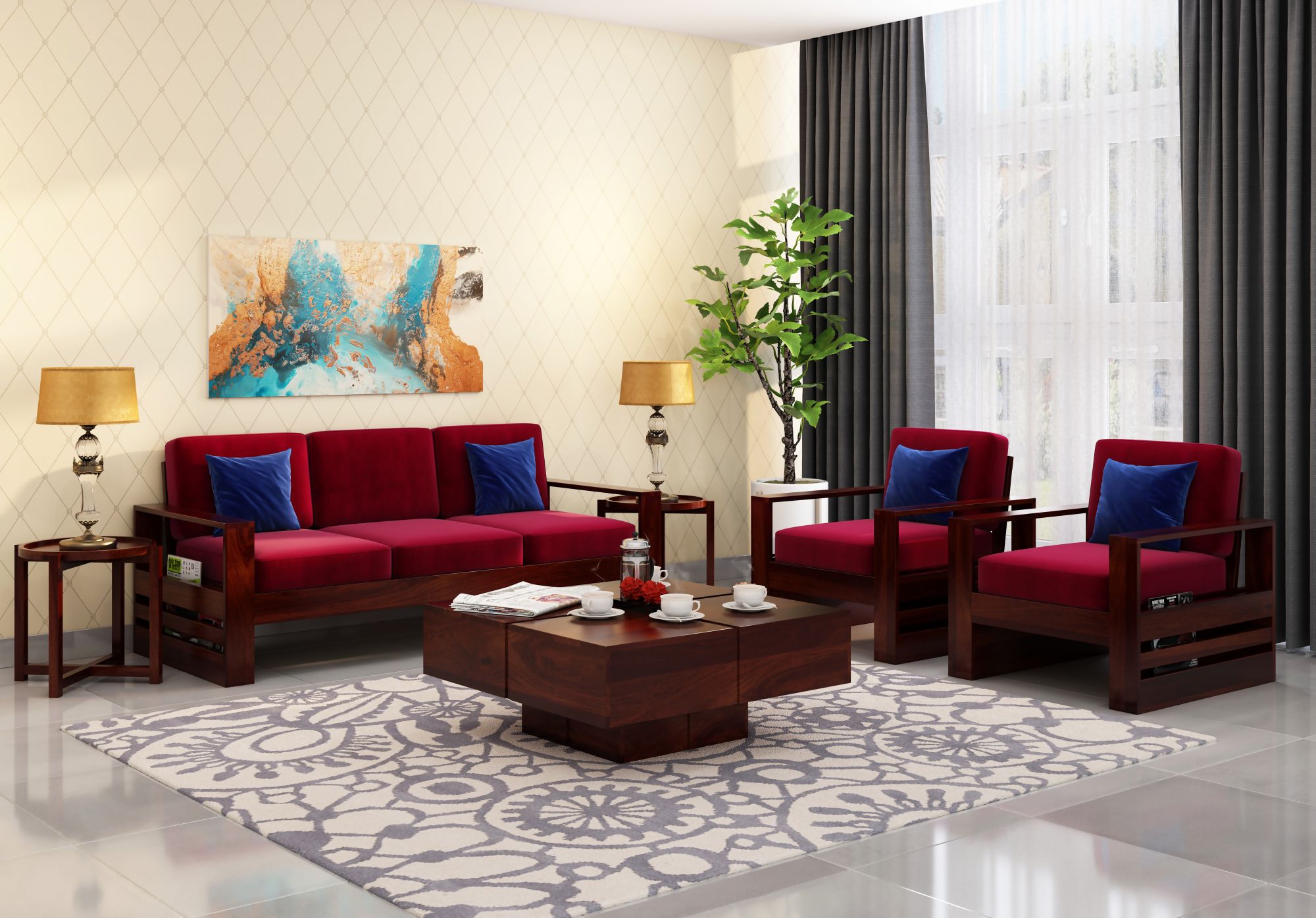 Picton Burgandy Wooden Sofa Set 5 Seater