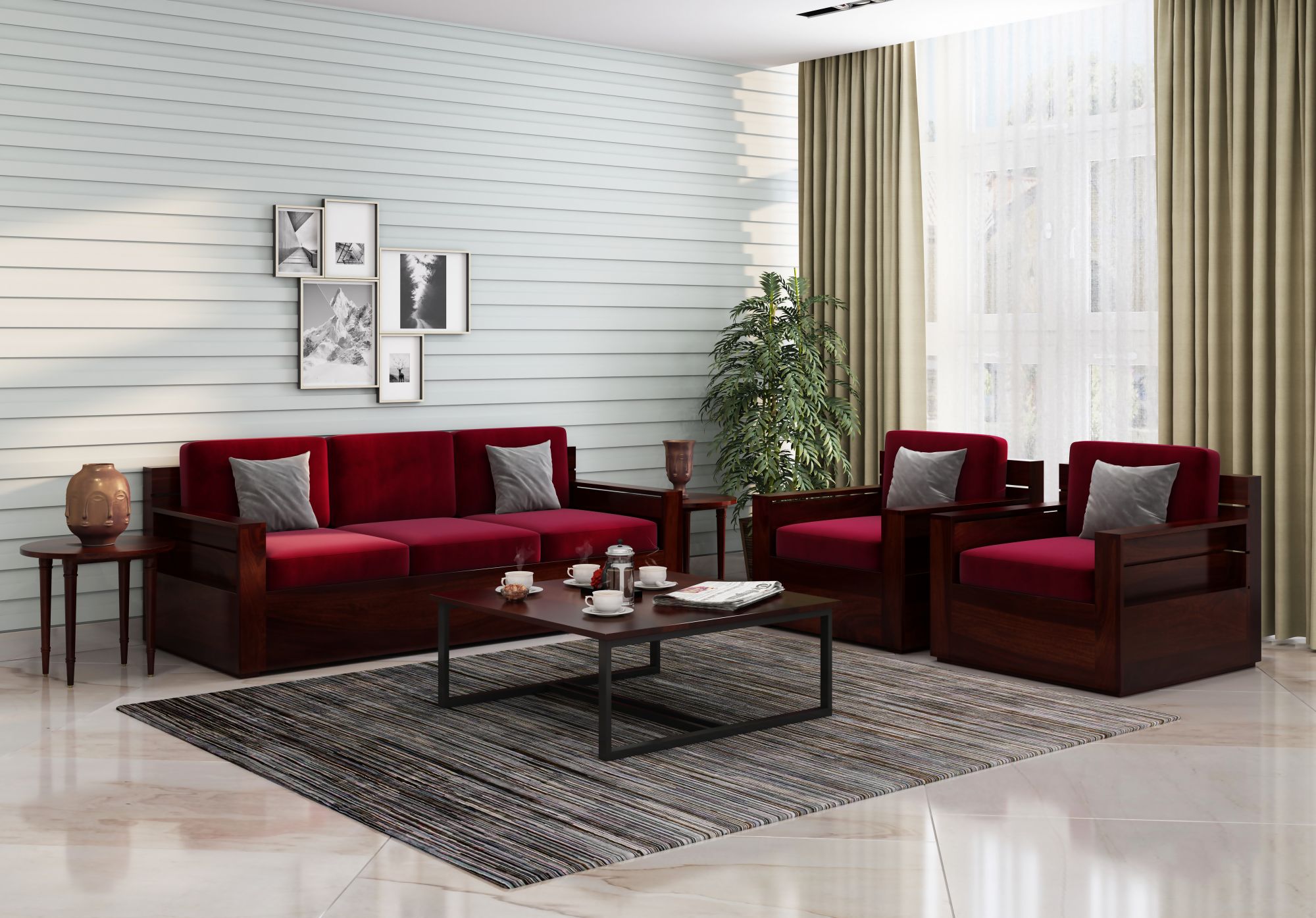 Nelson Burgandy 5 Seater Wooden Sofa Set