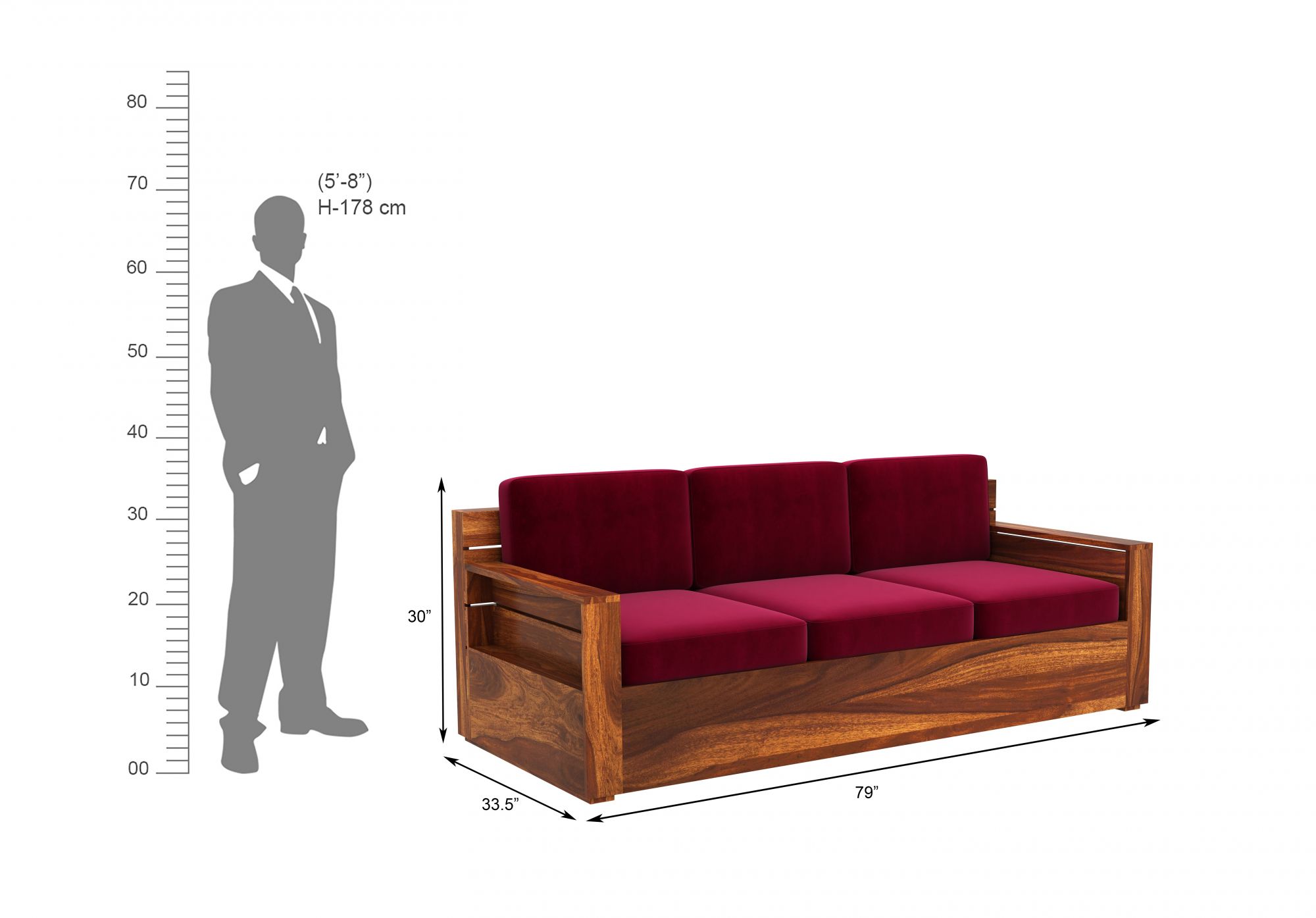 Nelson Burgandy 5 Seater Wooden Sofa Set
