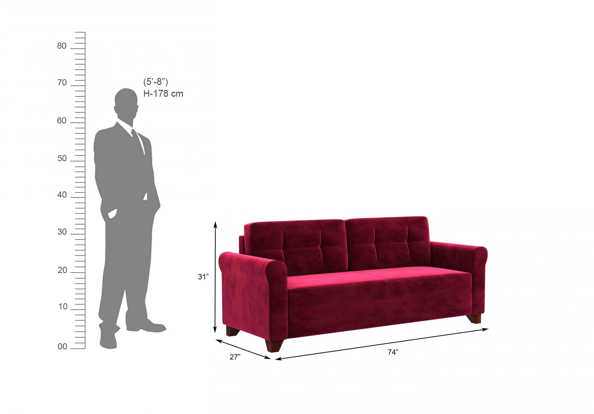 Monarch Burgandy 3 Seater Fabric Sofa Set