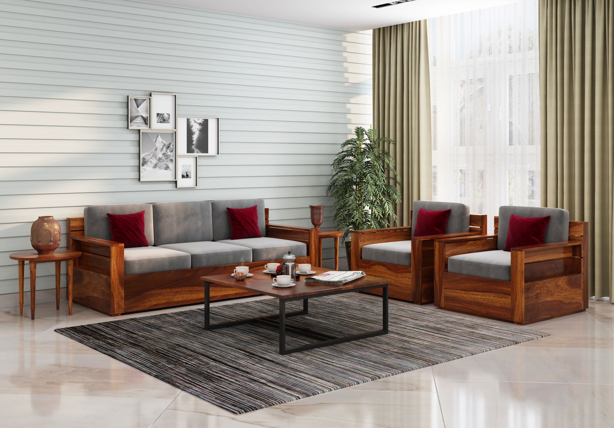 Nelson Grey 5 Seater Wooden Sofa Set