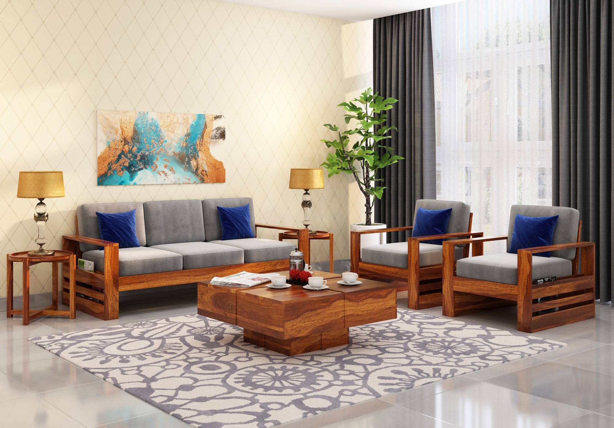 Picton Grey Wooden Sofa Set 5 Seater