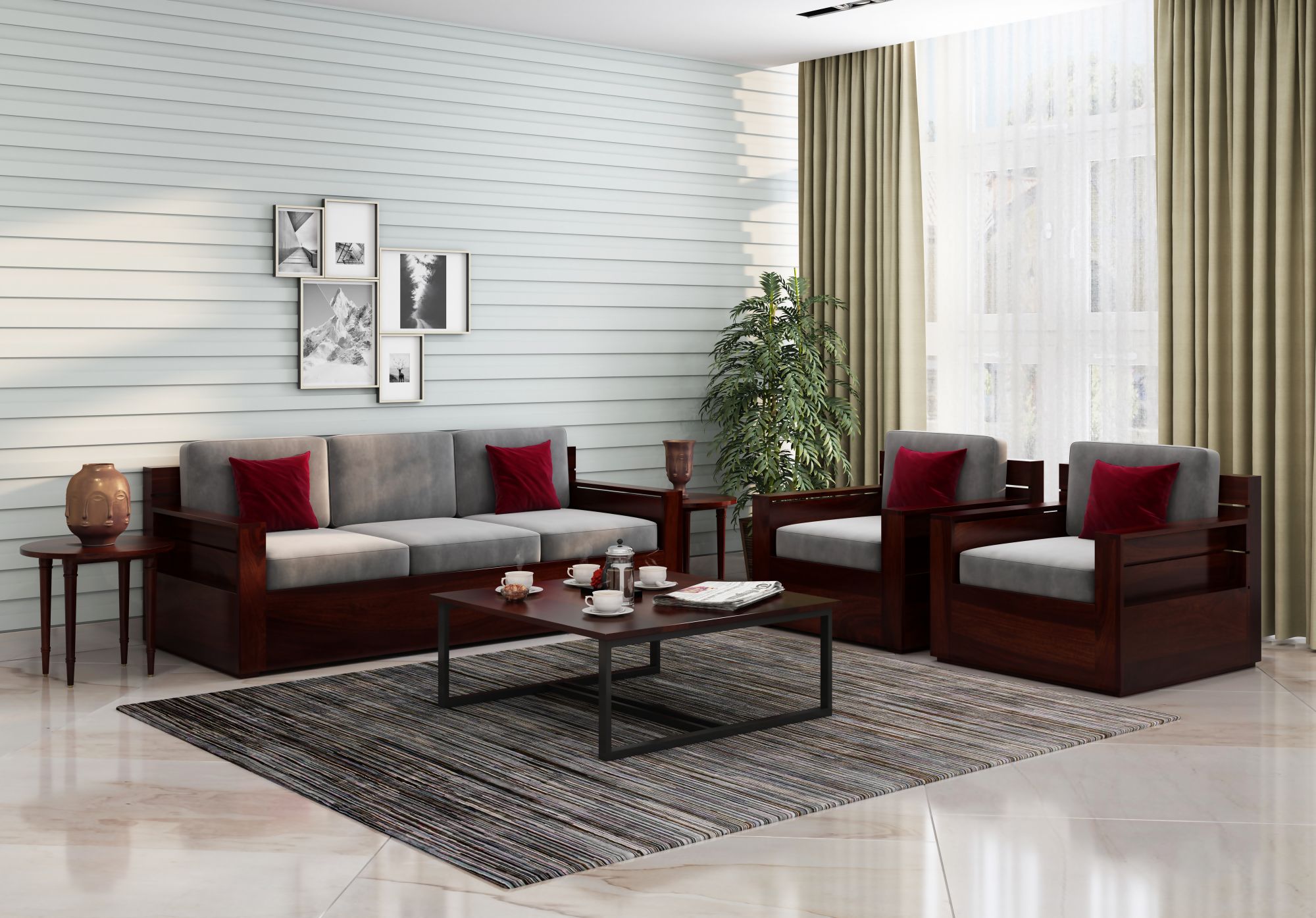 Nelson Grey 5 Seater Wooden Sofa Set