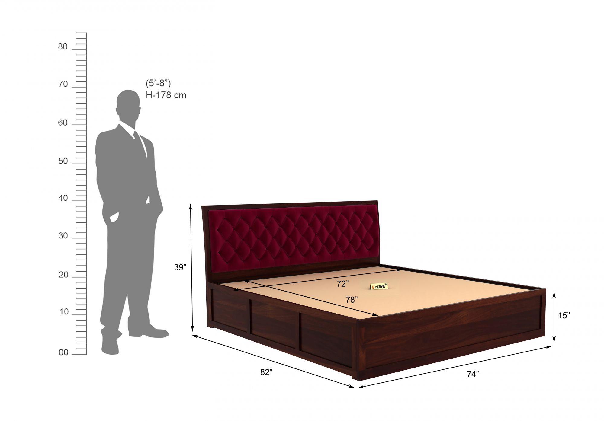 Aria Cushioned Pomegranate Bed With Hydraulic Storage King Size Teak Finish