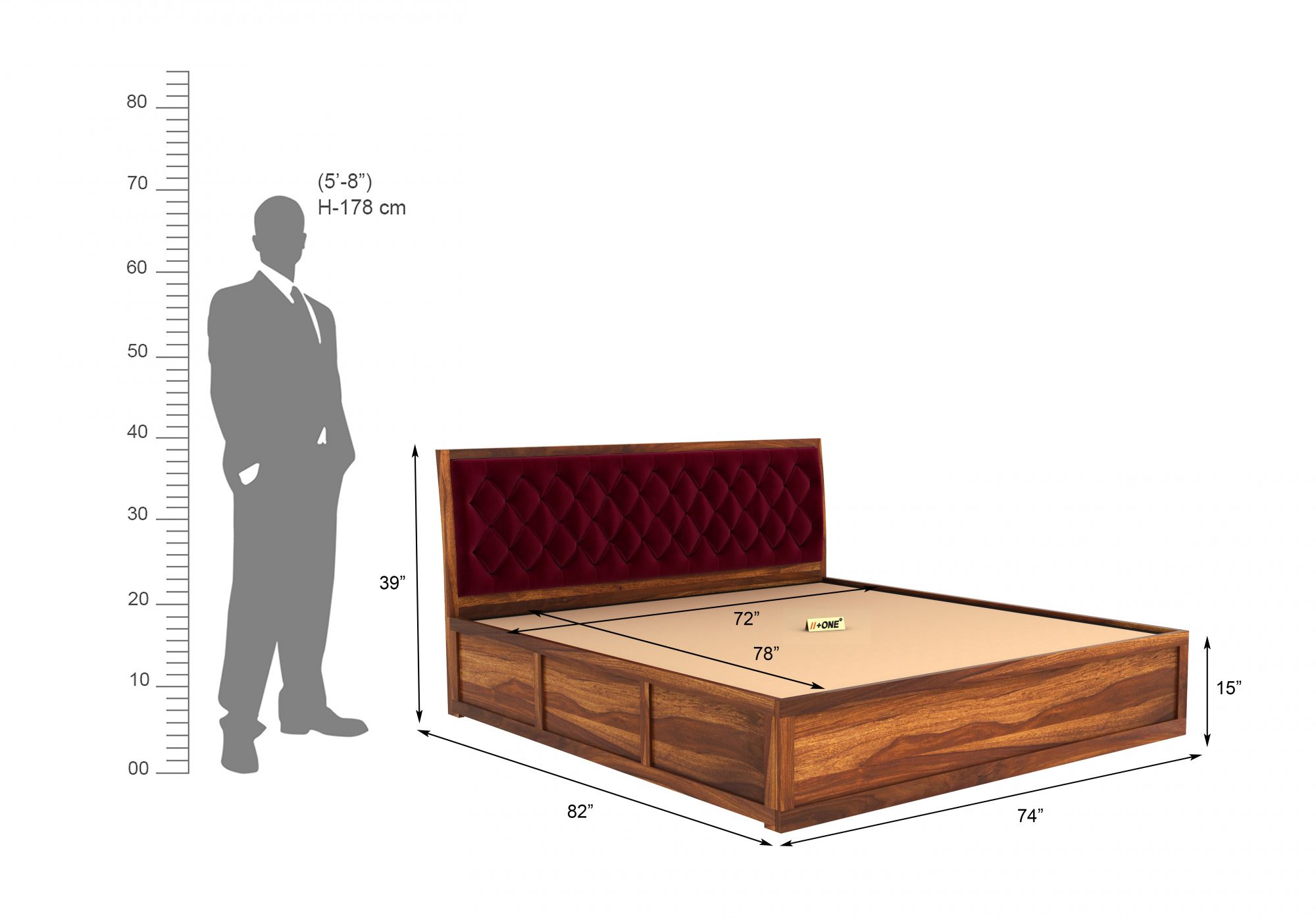Aria Cushioned Pomegranate Bed With Hydraulic Storage King Size Teak Finish