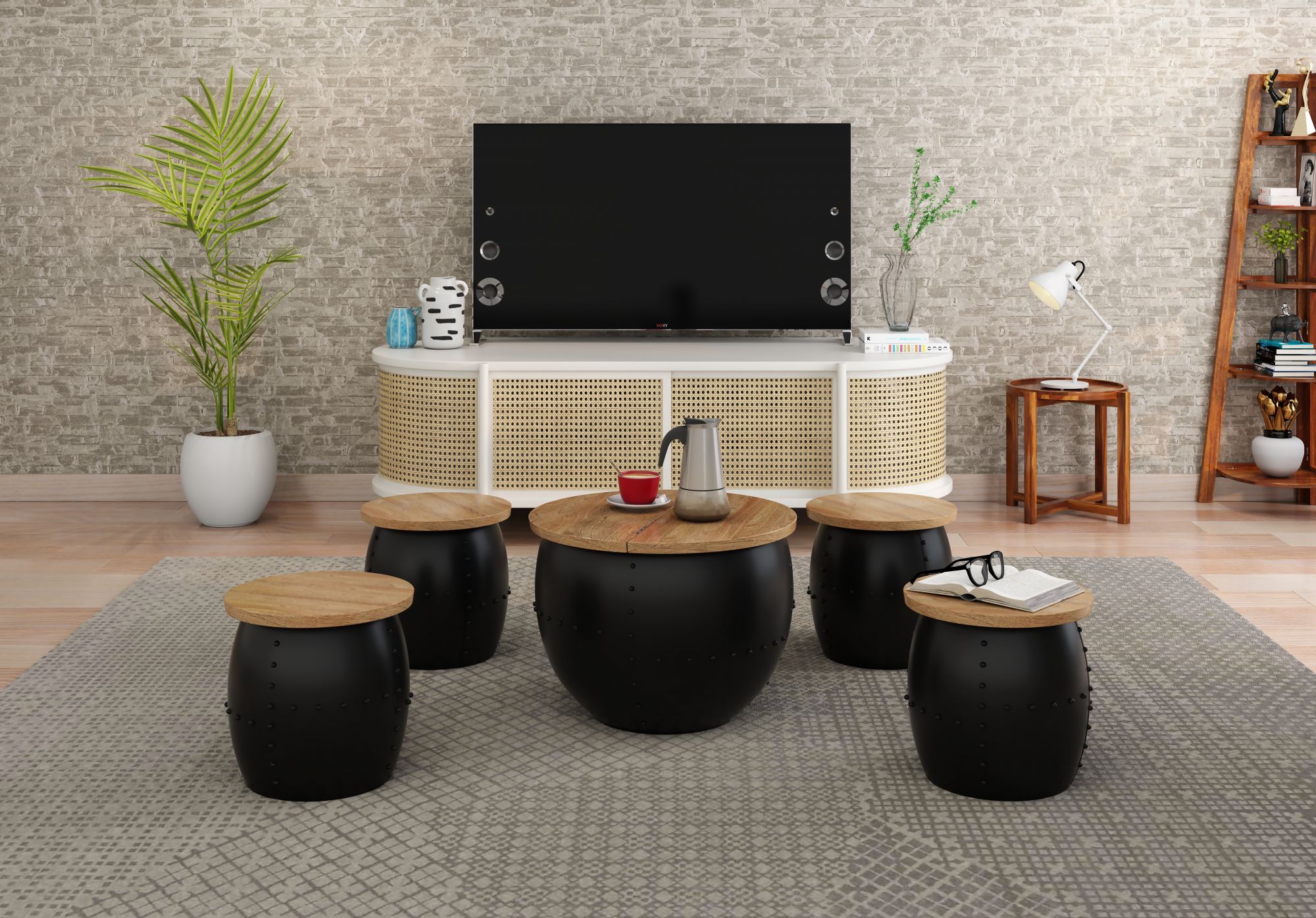 Gordon Coffee Table Set with 4 Stools