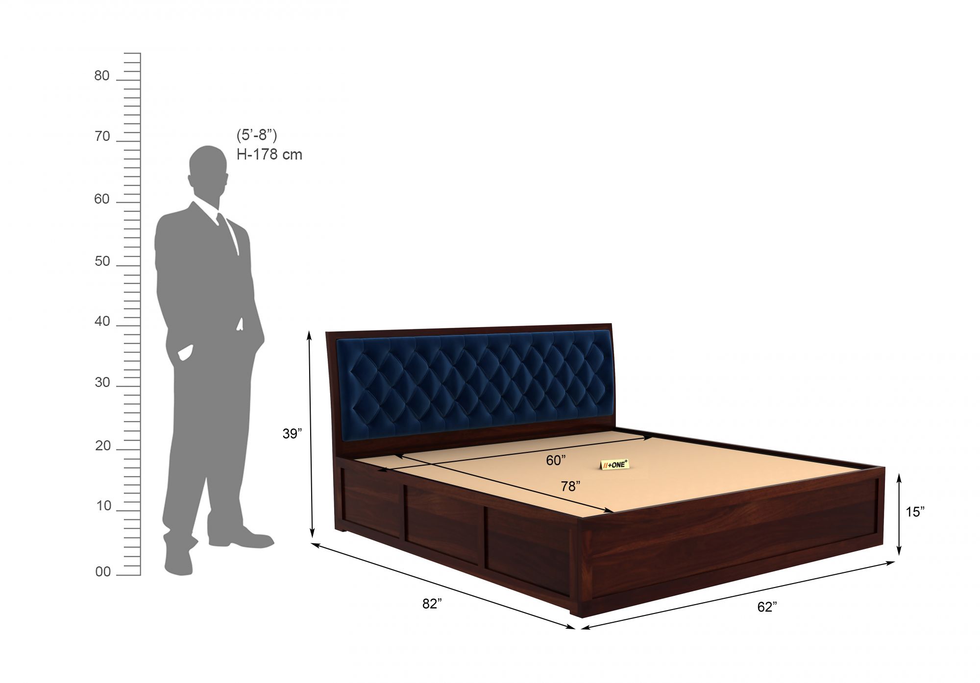 Aria Cushioned Indigo Blue Bed With Hydraulic Storage