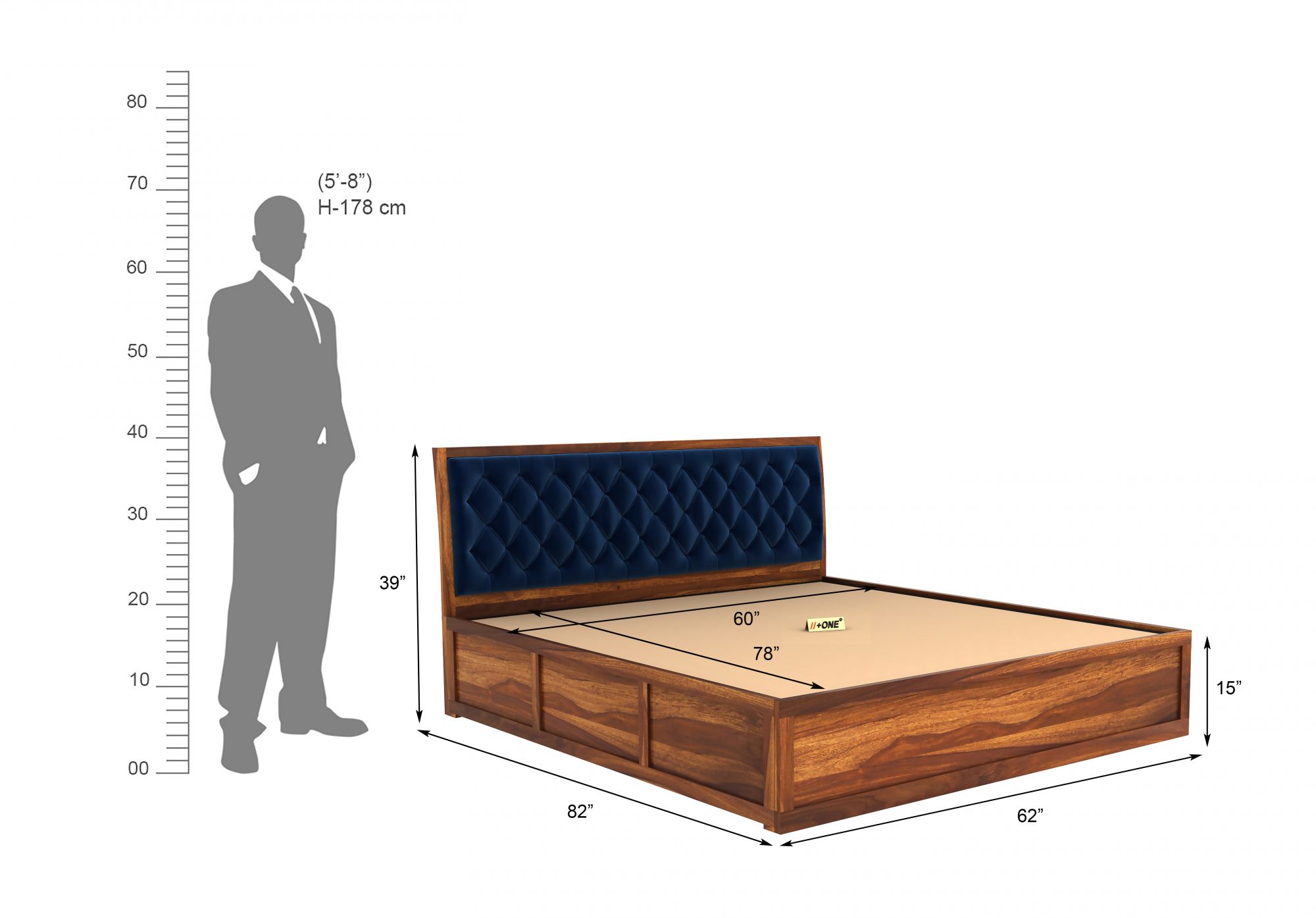 Aria Cushioned Indigo Blue Bed With Hydraulic Storage