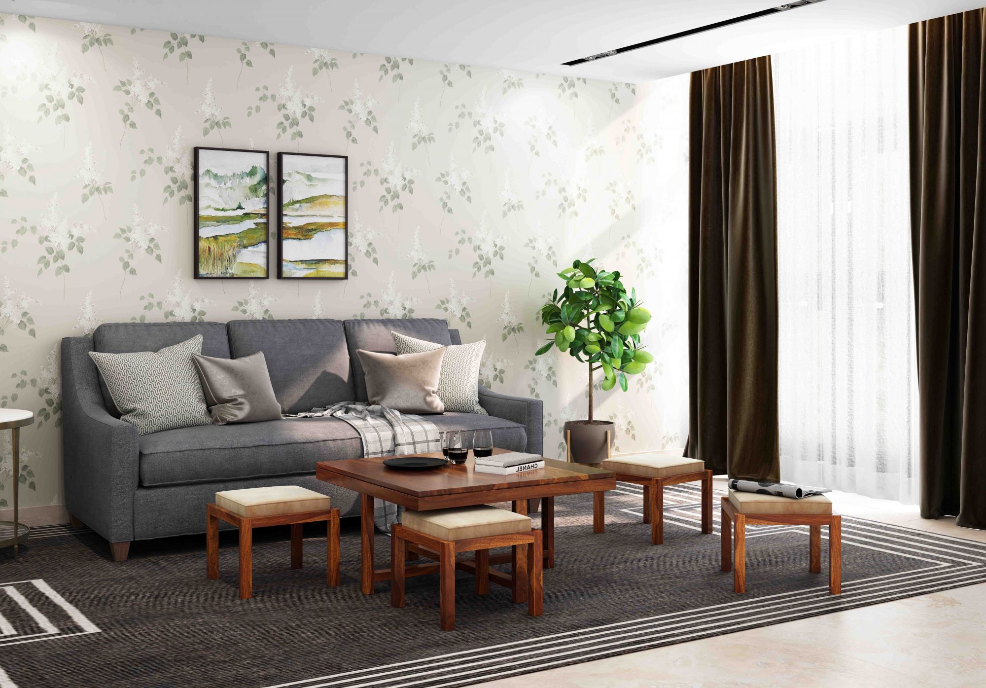 Timor Sheesham Wood Coffee Table with 4 Stools