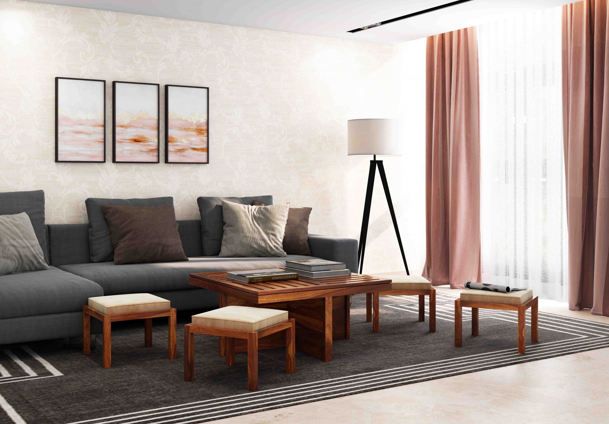 Grande Sheesham Wood Coffee Table with 4 Stools