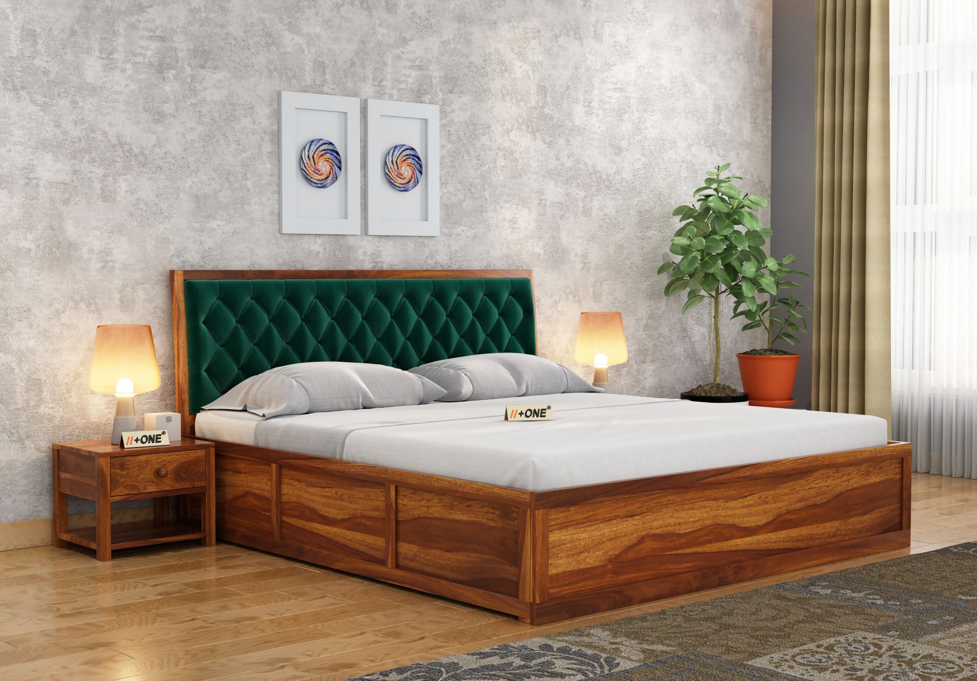 Aria Cushioned Emerald Green Bed With Hydraulic Storage