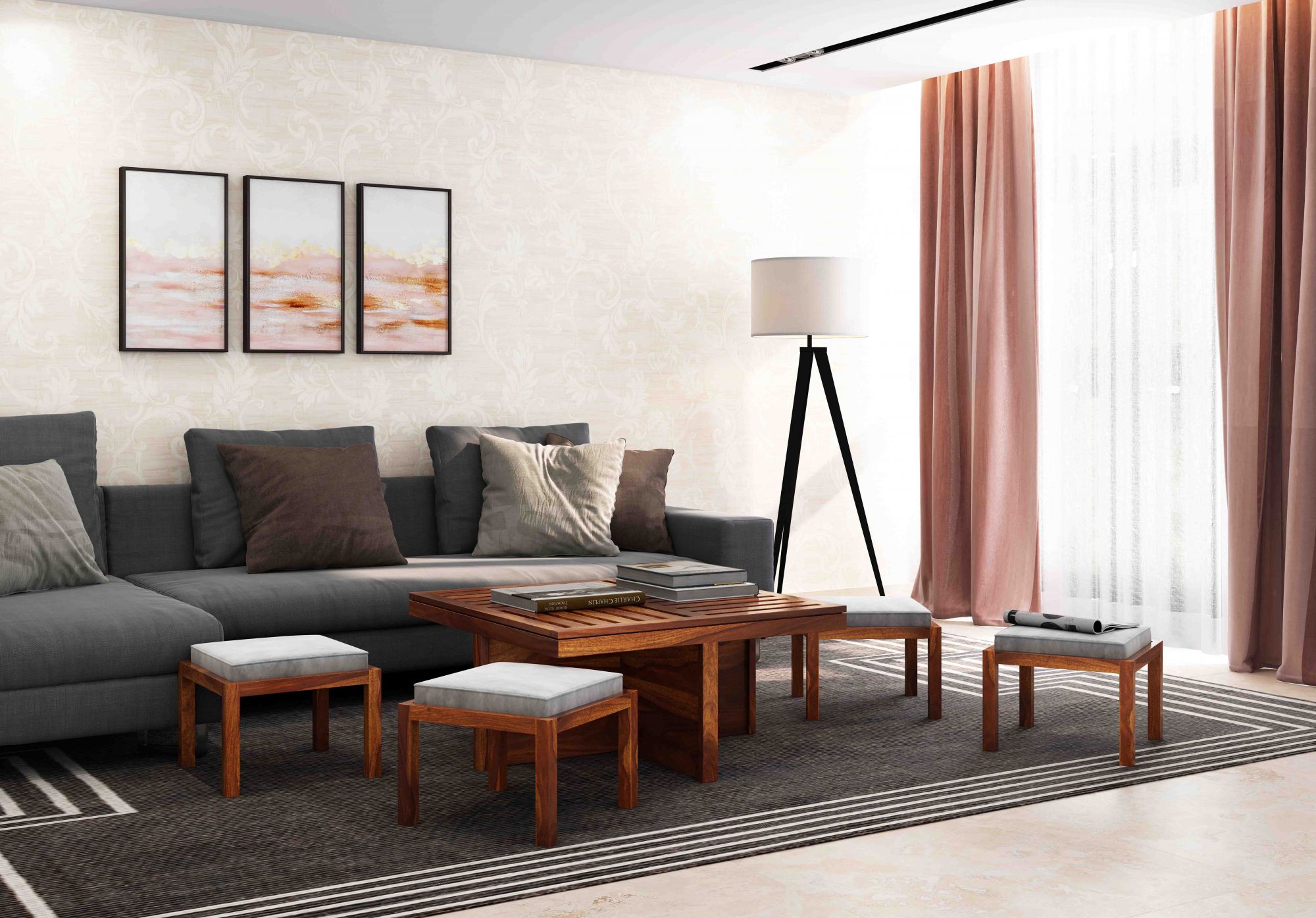 Grande Sheesham Wood Coffee Table with 4 Stools