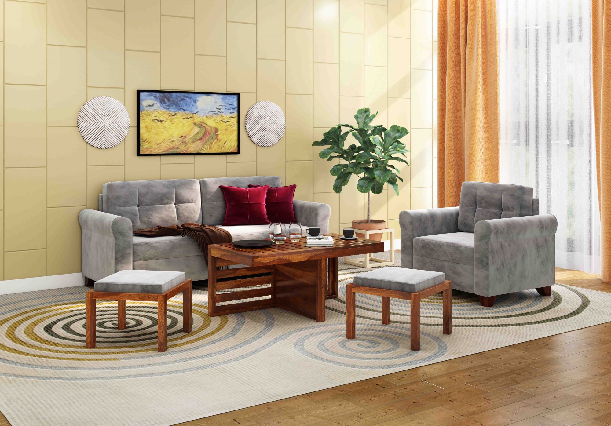 Marina 2 stool coffee table Walnut beige