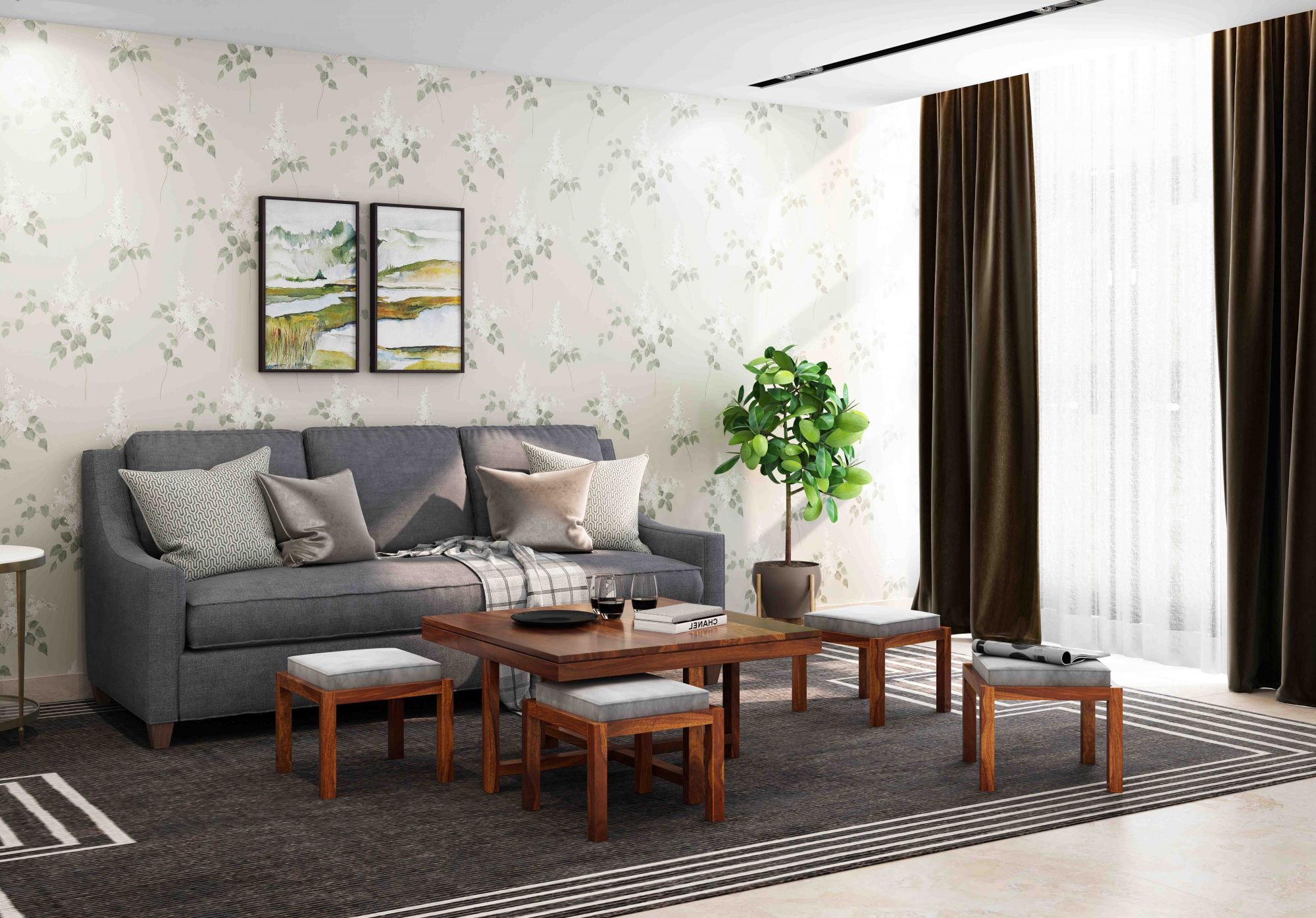 Timor Sheesham Wood Coffee Table with 4 Stool